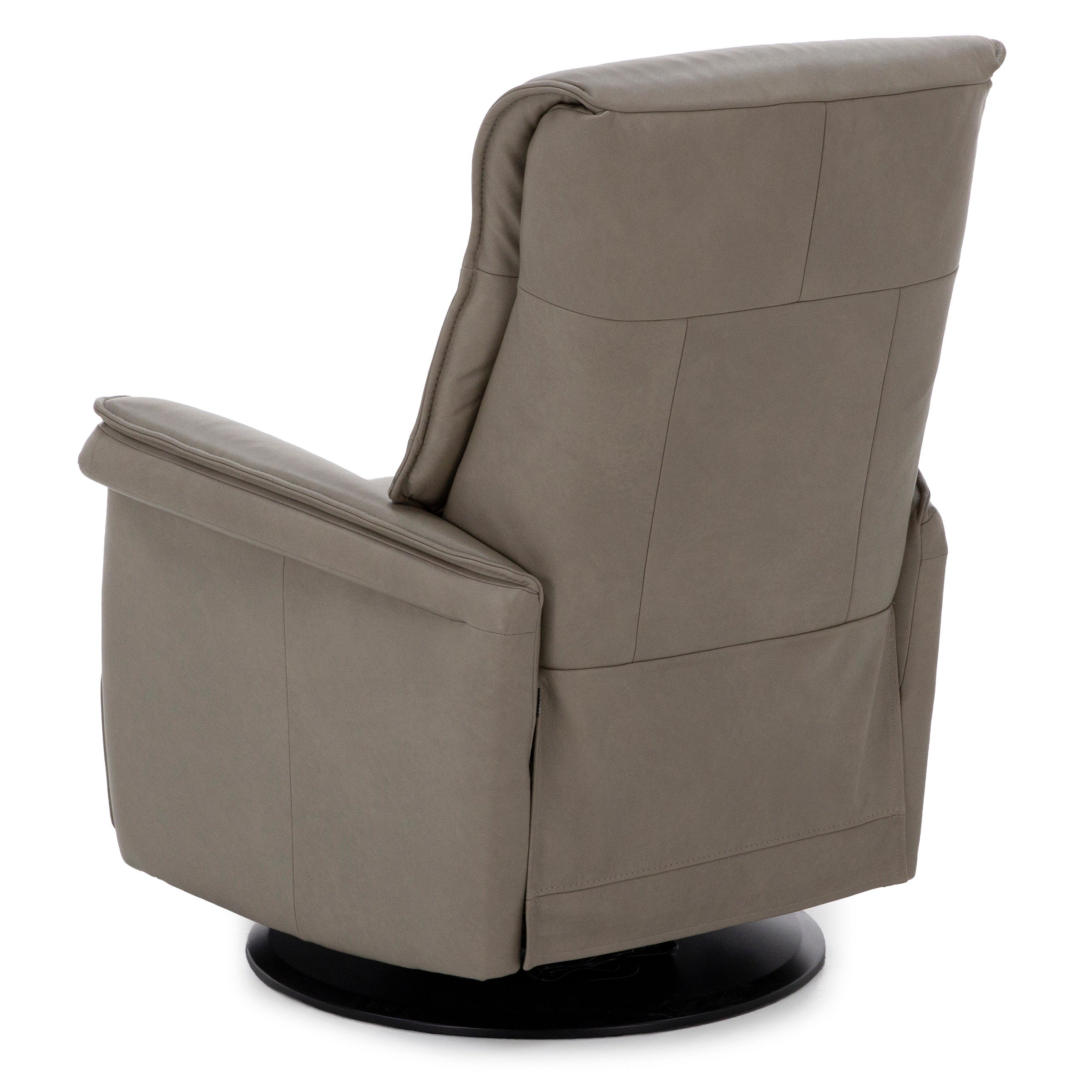 Back view of a modern taupe swivel recliner chair.