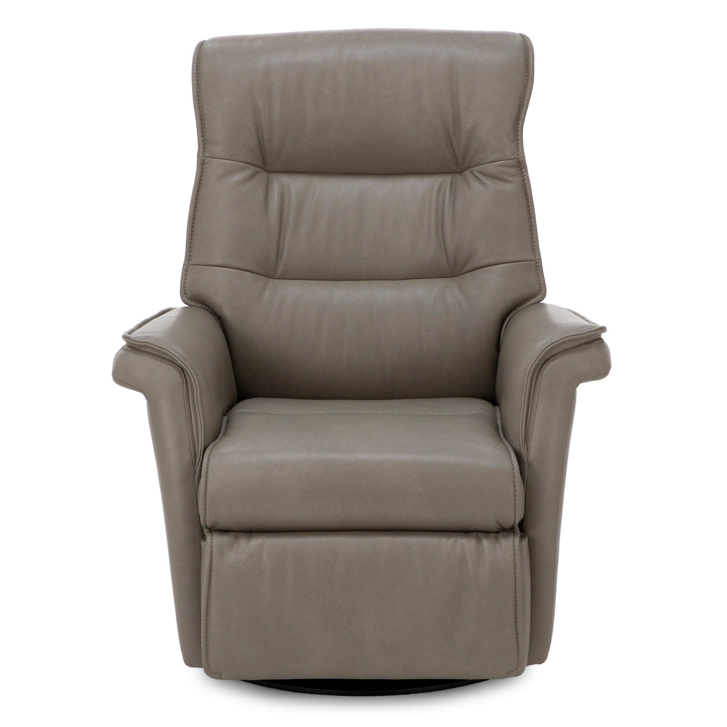Taupe leather recliner chair with padded arms and high backrest.