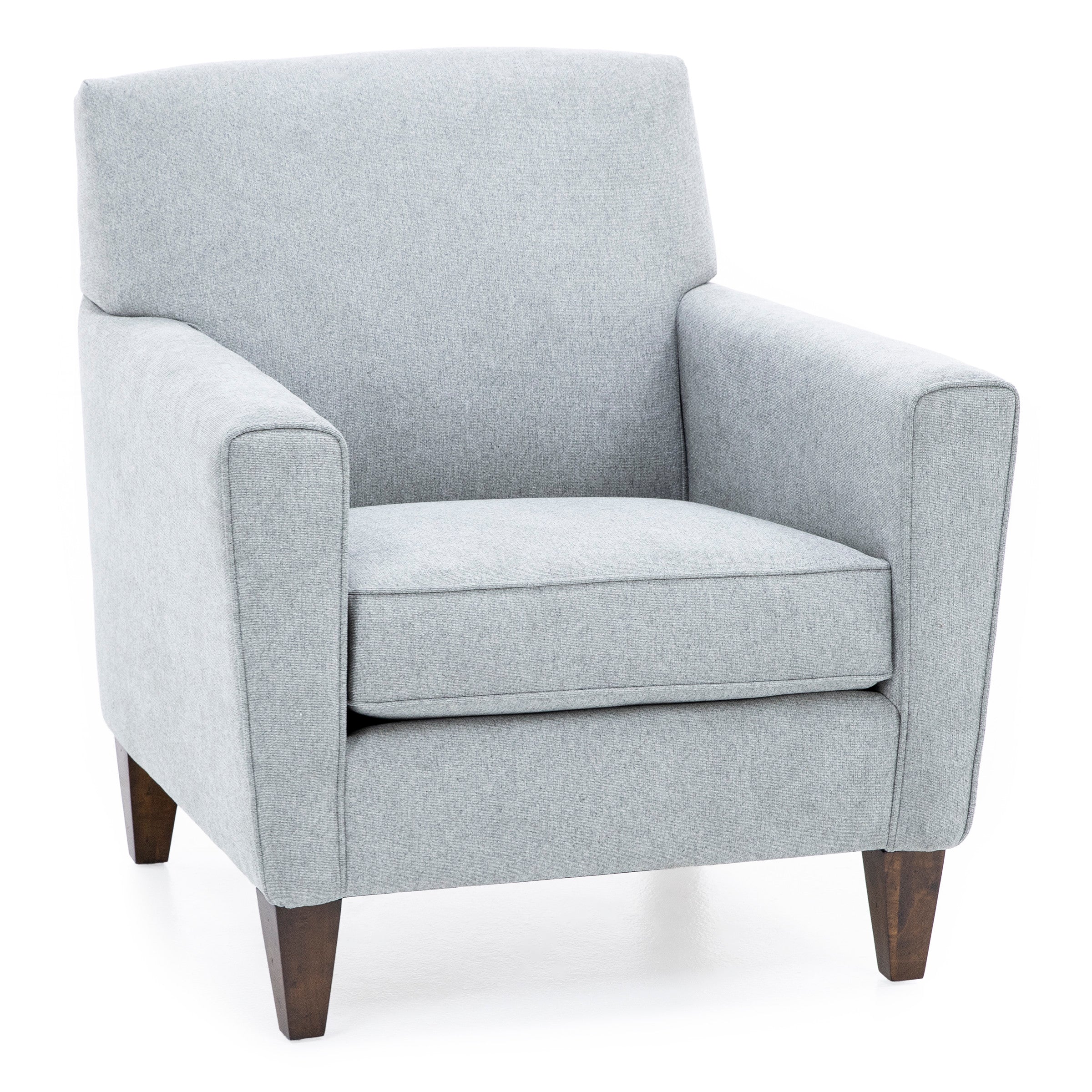 Light gray upholstered armchair with wooden legs.