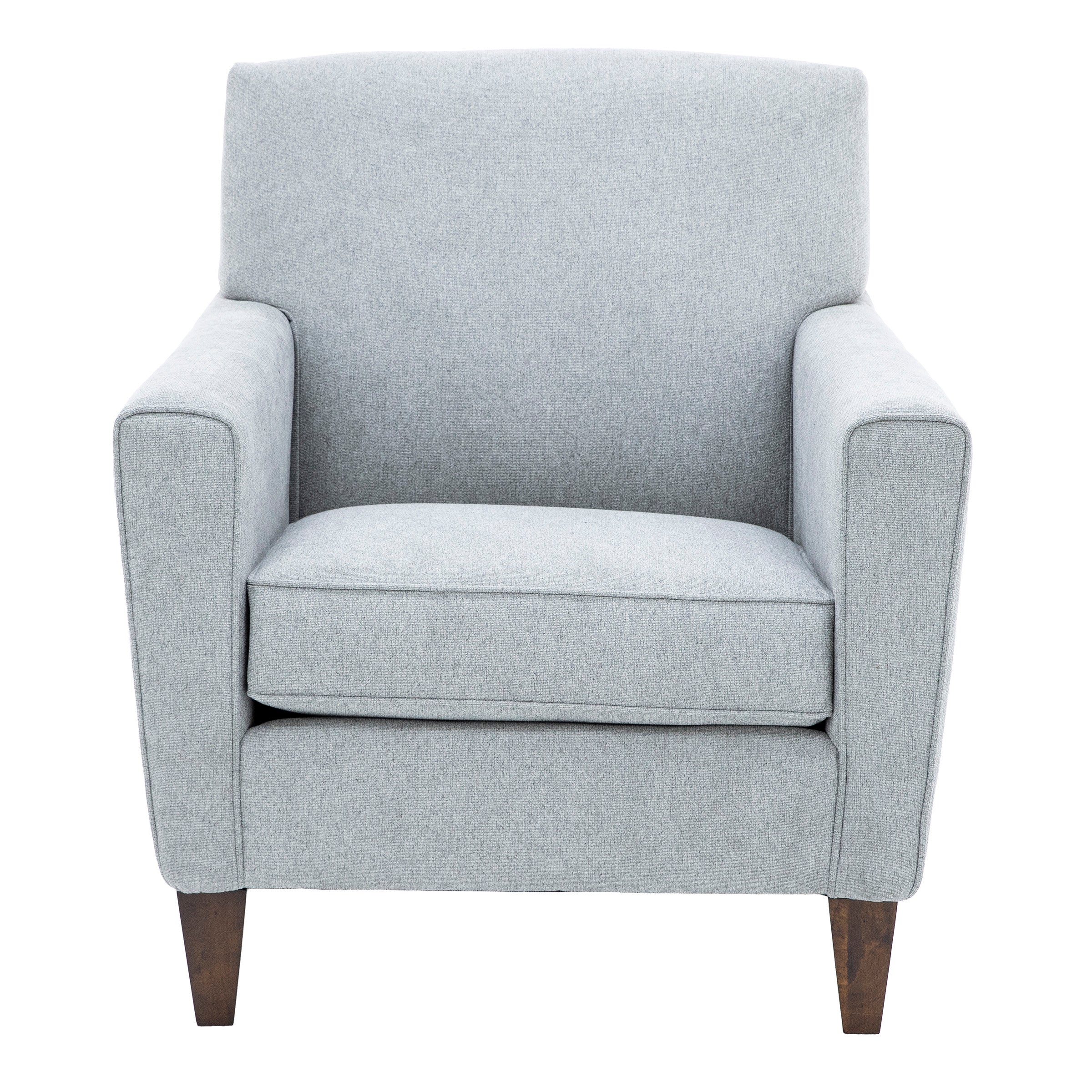 Light gray upholstered armchair with wooden legs, shown from the front.