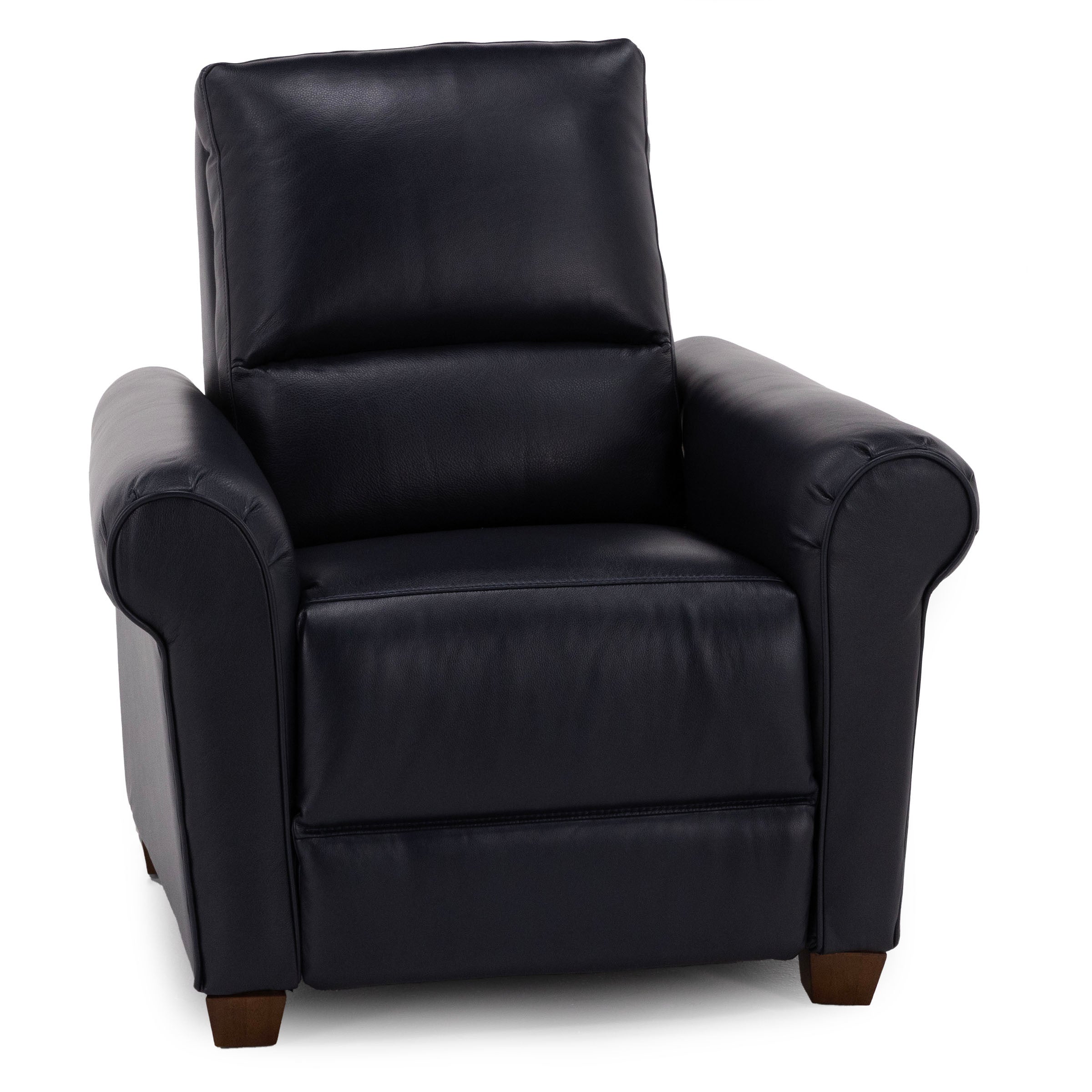 Black leather armchair with rolled arms and wooden legs