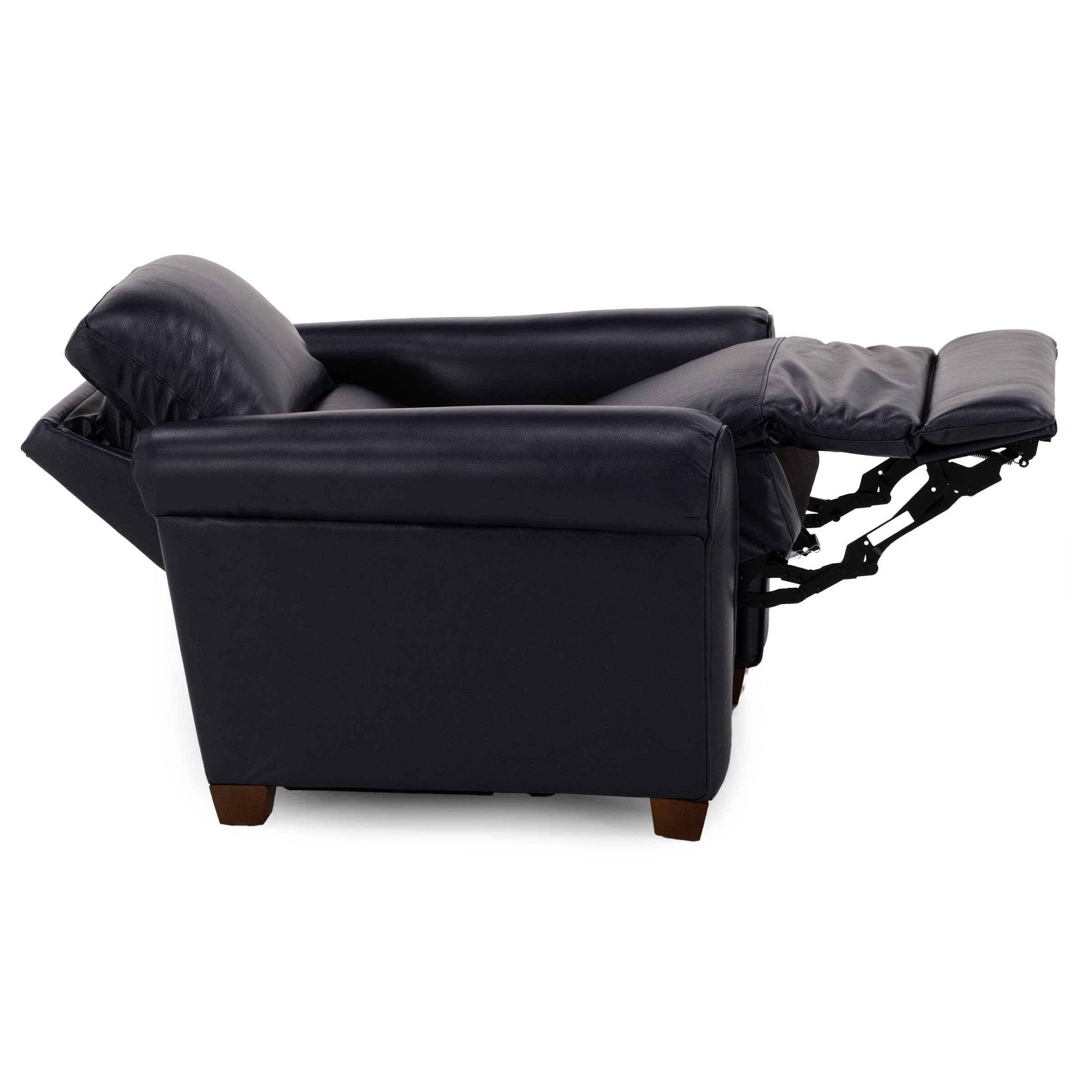 Side view of a black leather recliner chair with extended footrest.
