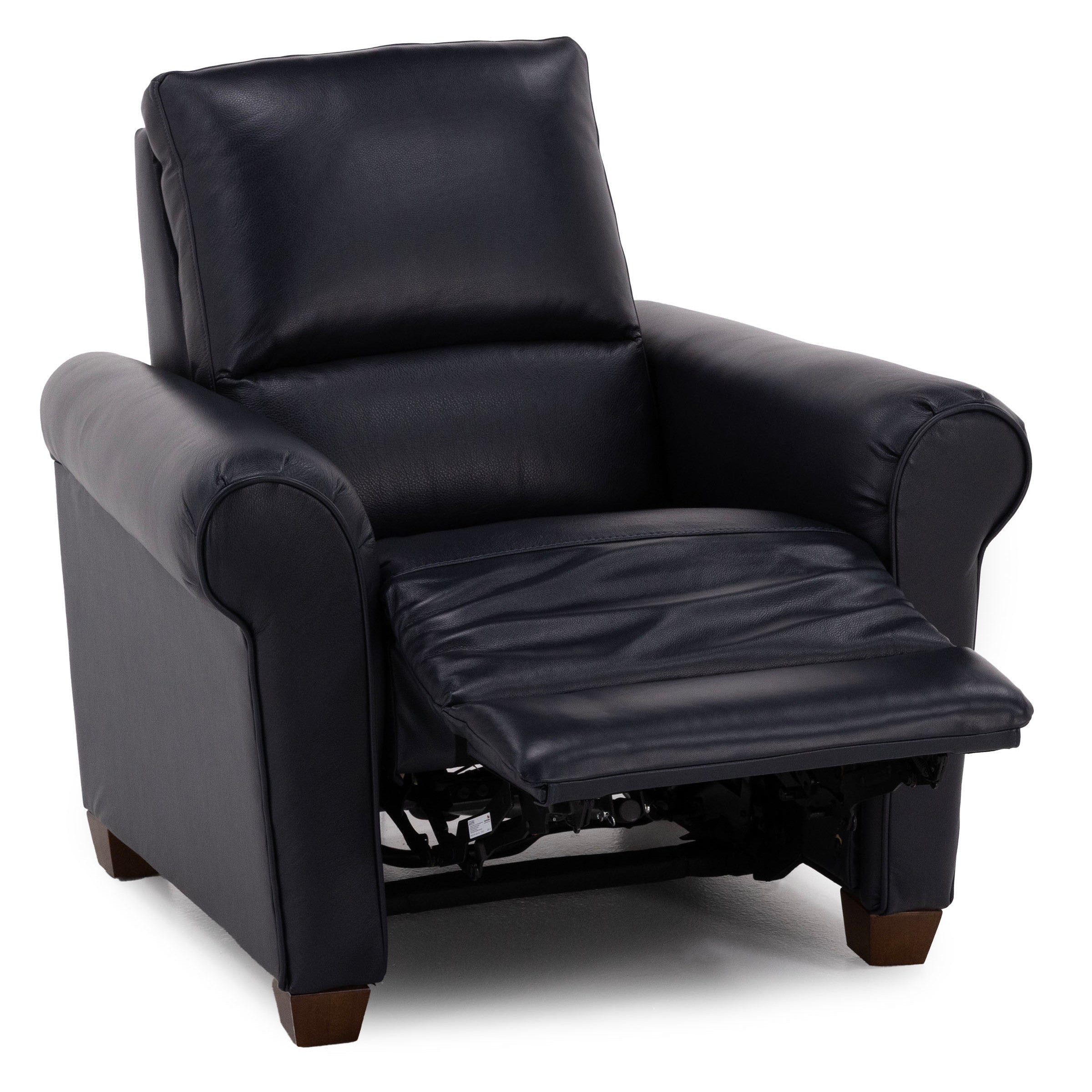 Black leather recliner chair with extended footrest.