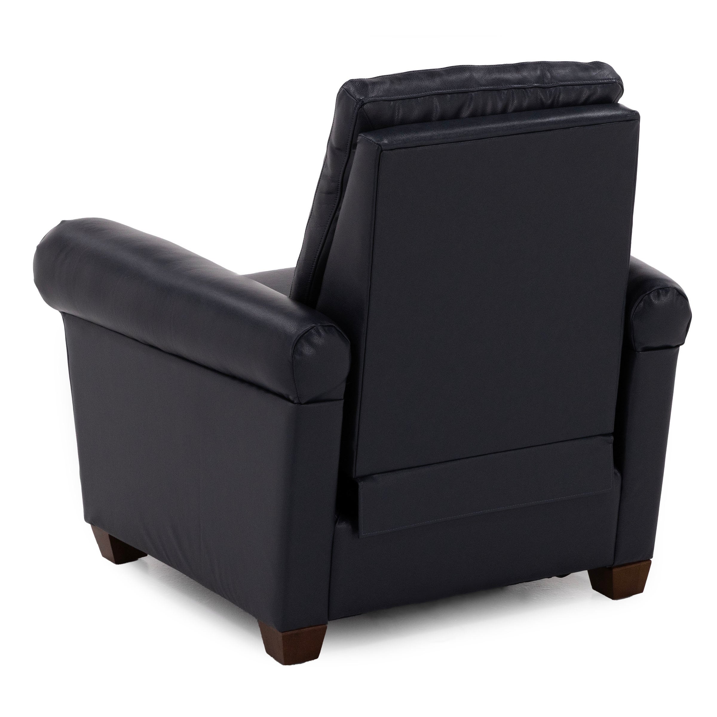Back view of a black leather armchair with wooden legs.