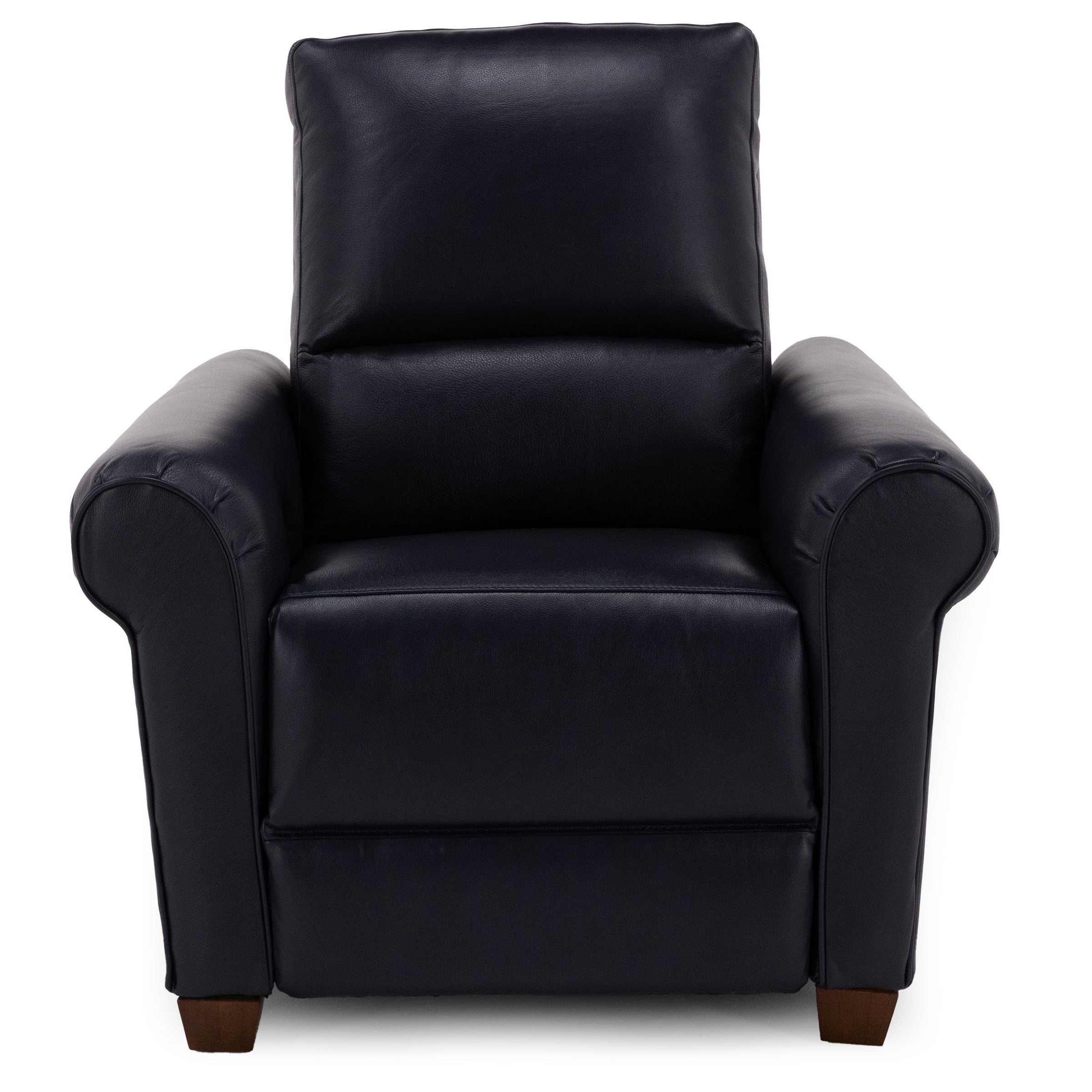 Front view of a black leather armchair with rounded arms and wooden legs.