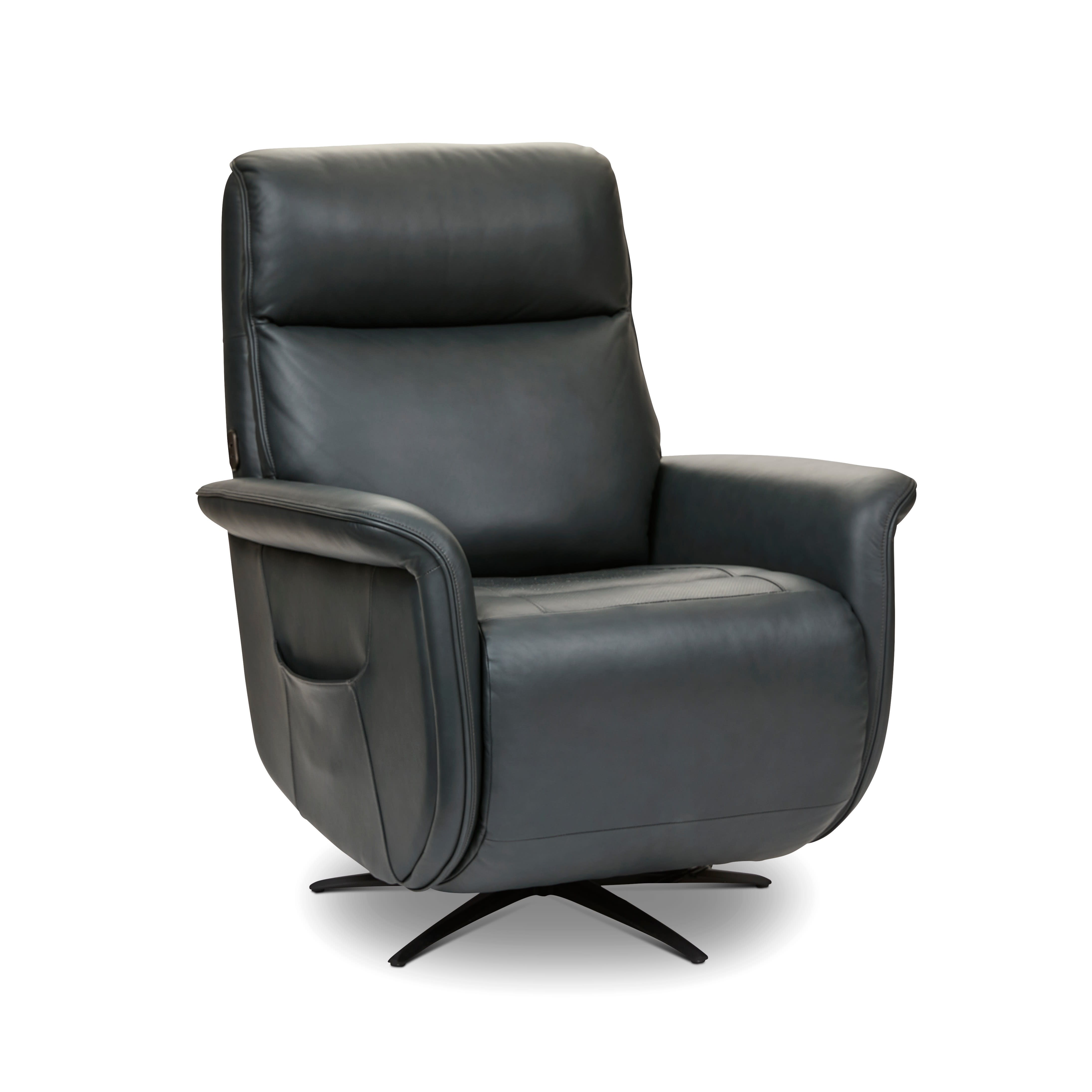 Dark leather swivel recliner chair with high back and side pocket.