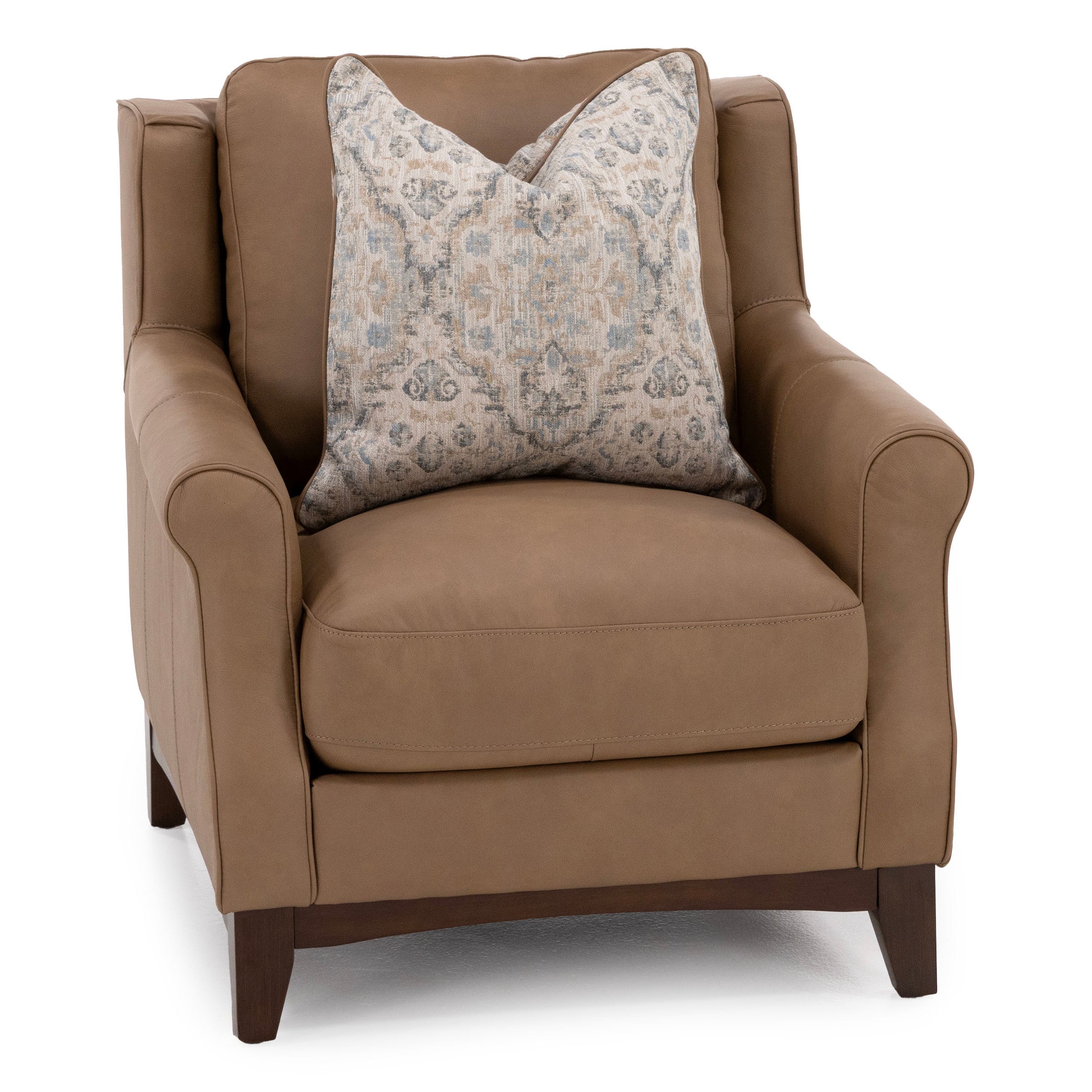 Brown armchair with a patterned pillow, suitable for living room seating.