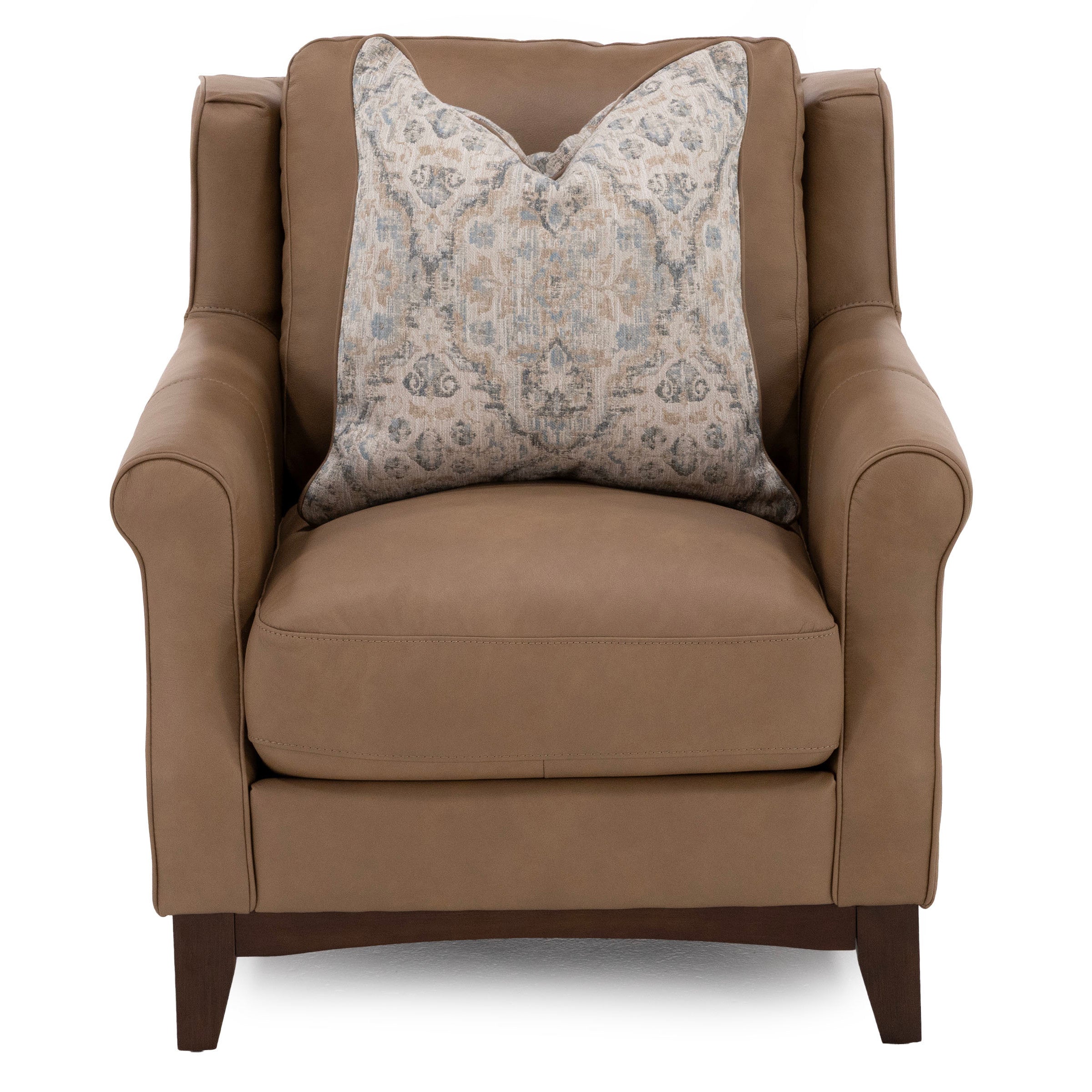 Brown leather armchair with a patterned cushion.