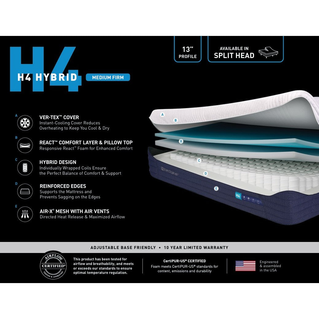 Bedgear H4 Medium Firm Hybrid Pillow Top