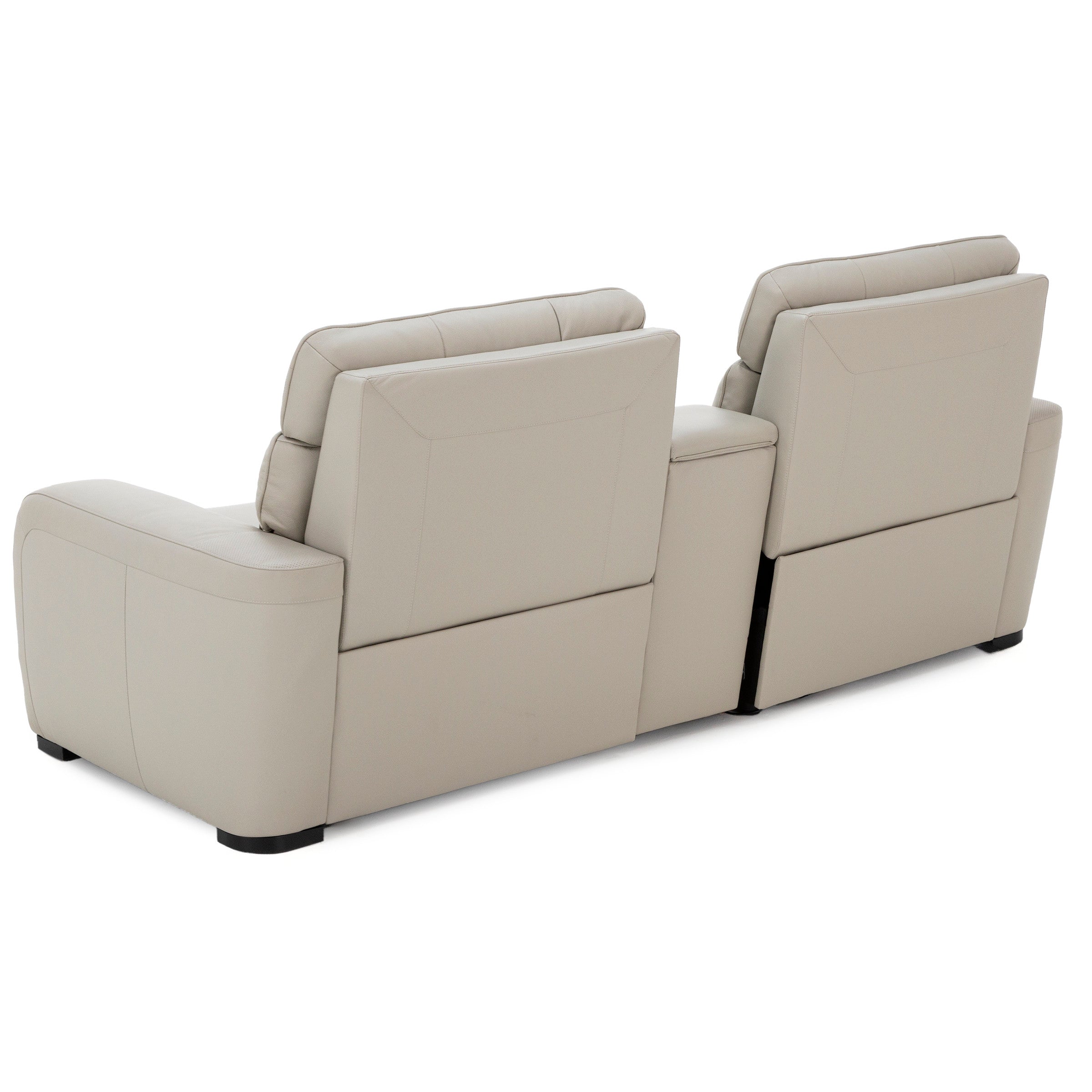 Back view of a modern beige loveseat with a center console.