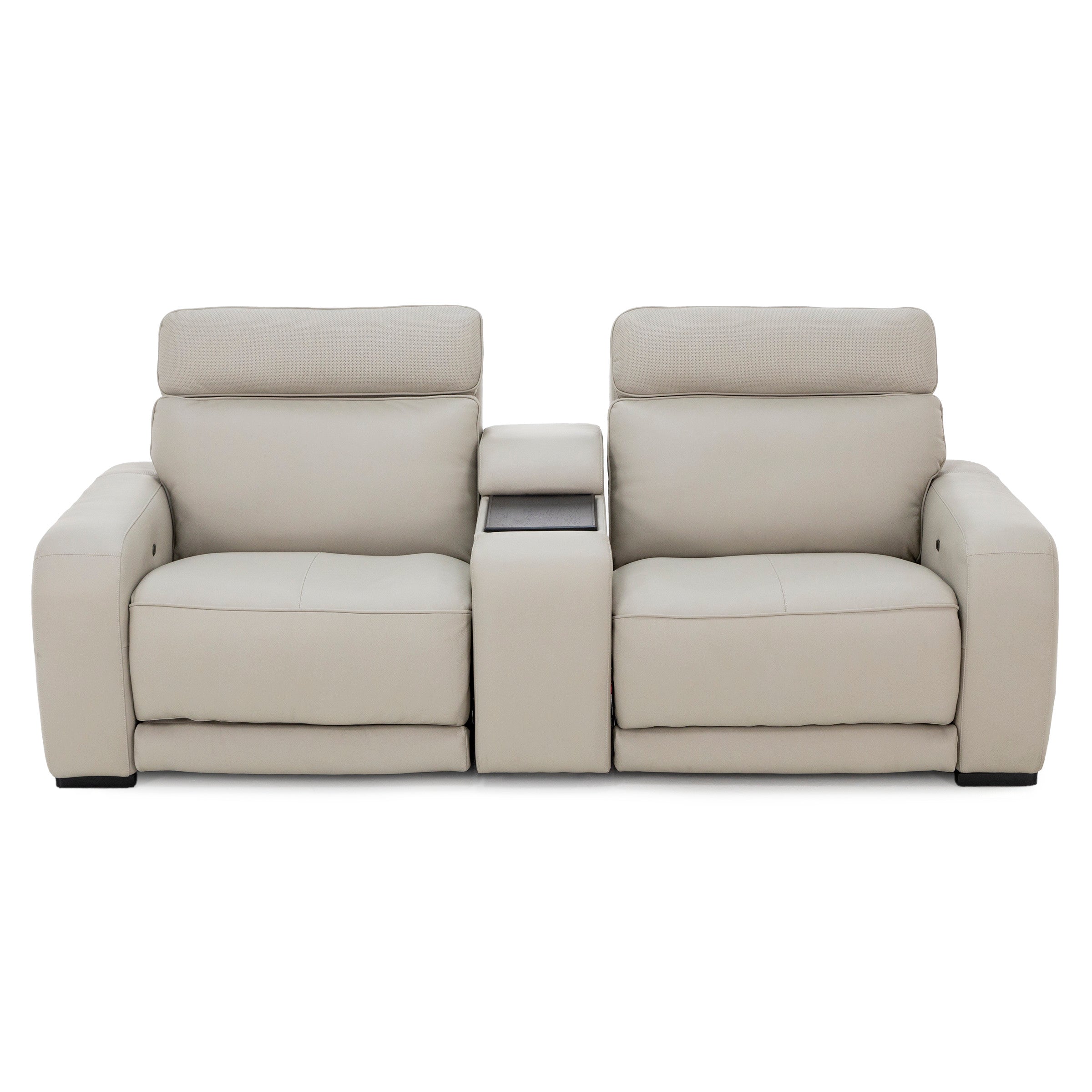 Beige two-seat recliner loveseat with center console and headrests.