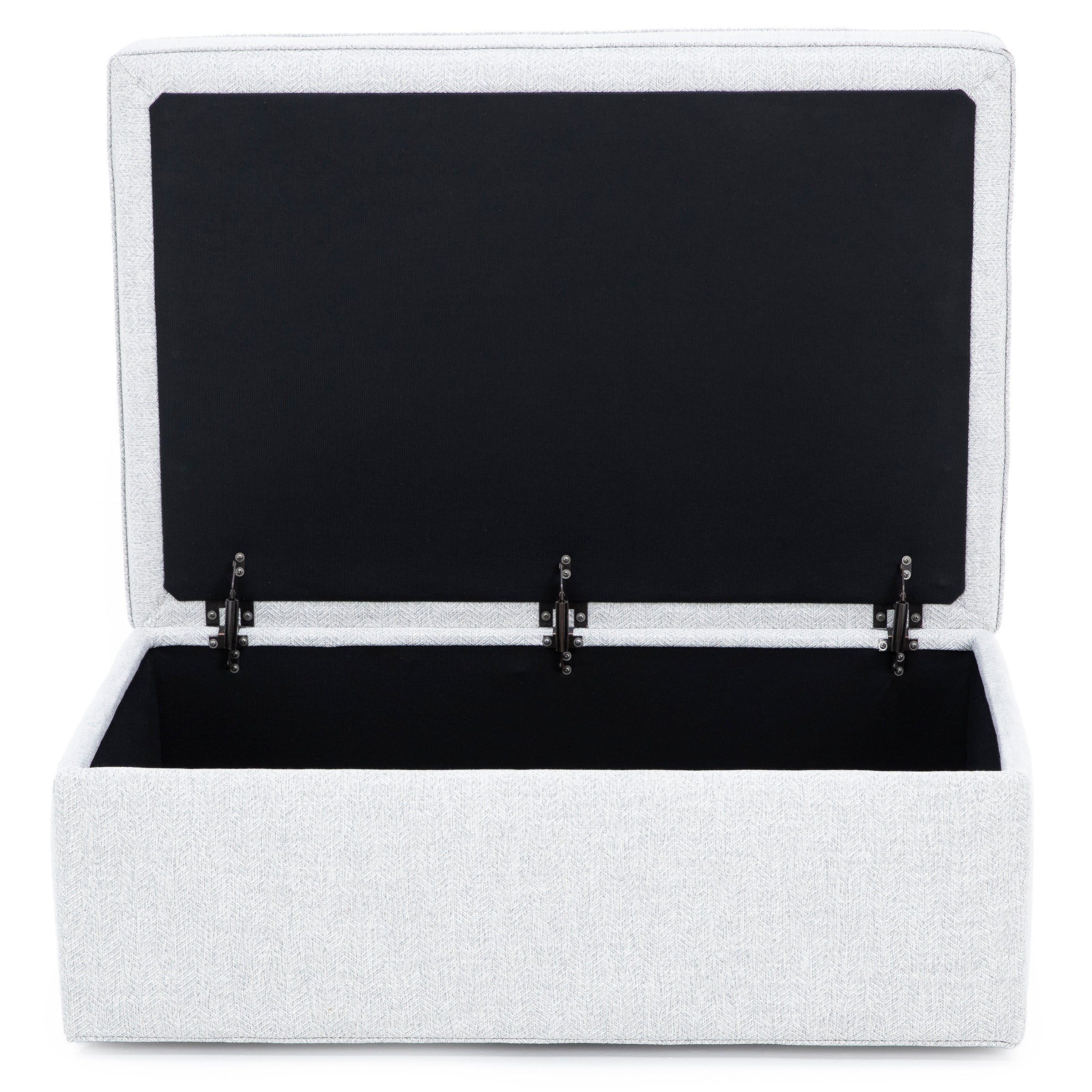 Open upholstered storage ottoman with hinged lid.