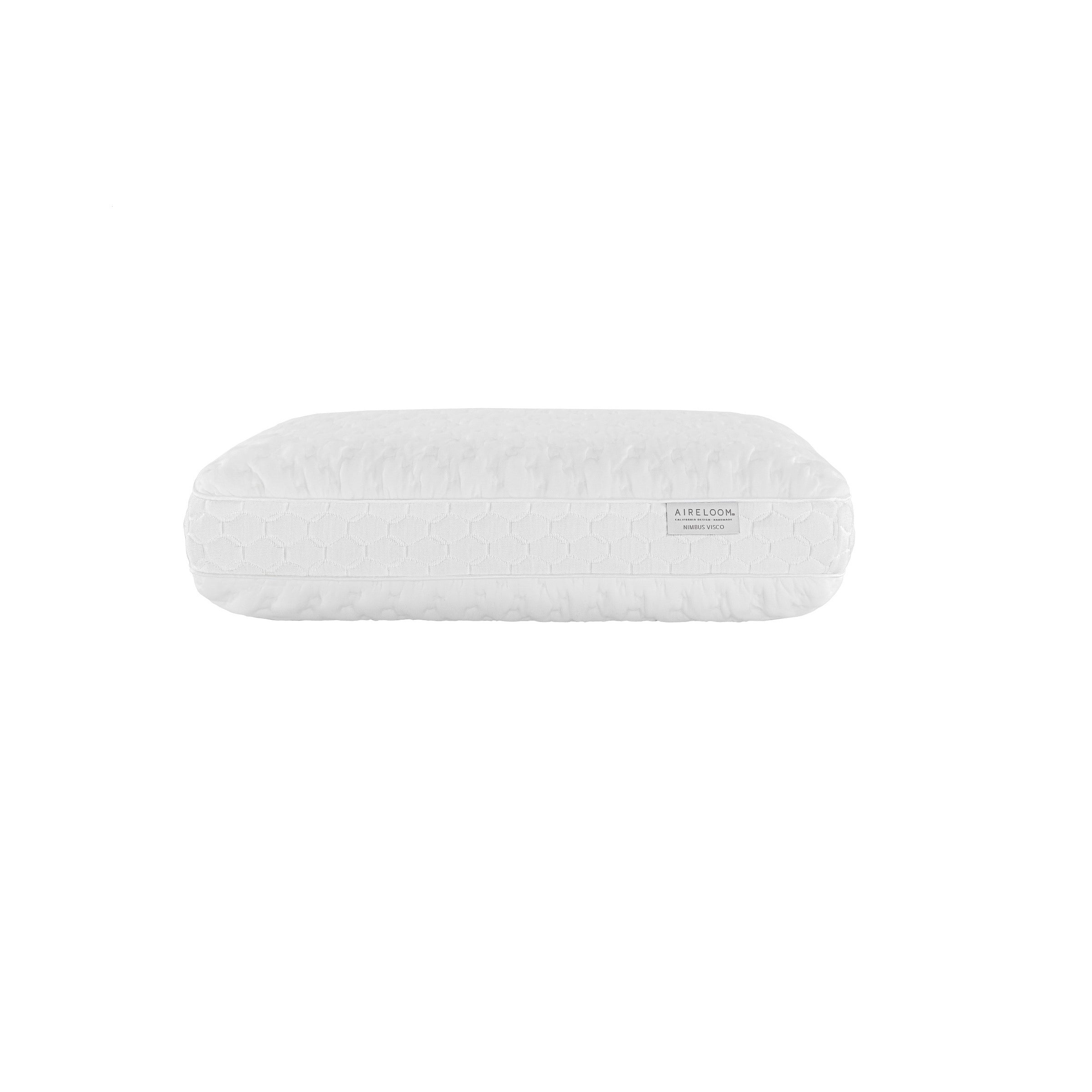 Rectangular white pillow with subtle pattern, labeled Aireloom Nimbus Visco.