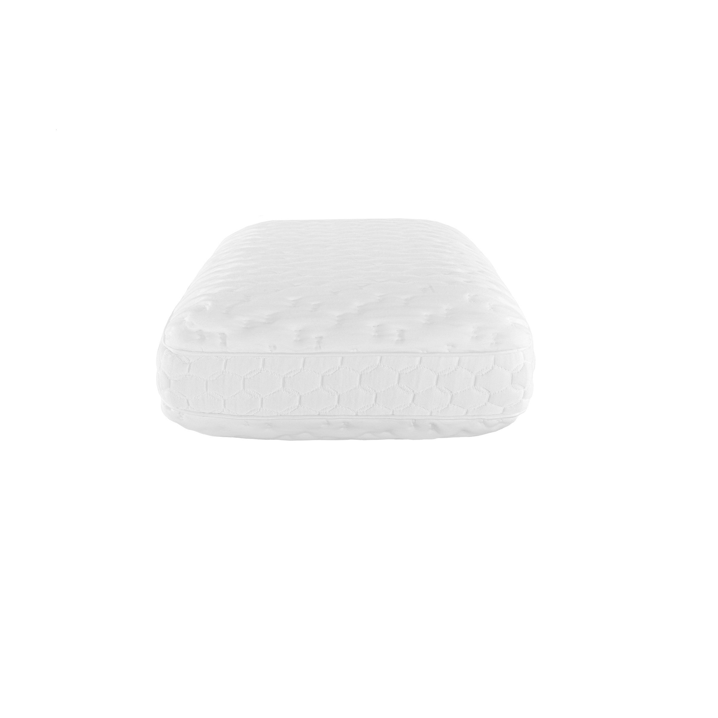 Front view of a white mattress with a textured surface on a plain background.