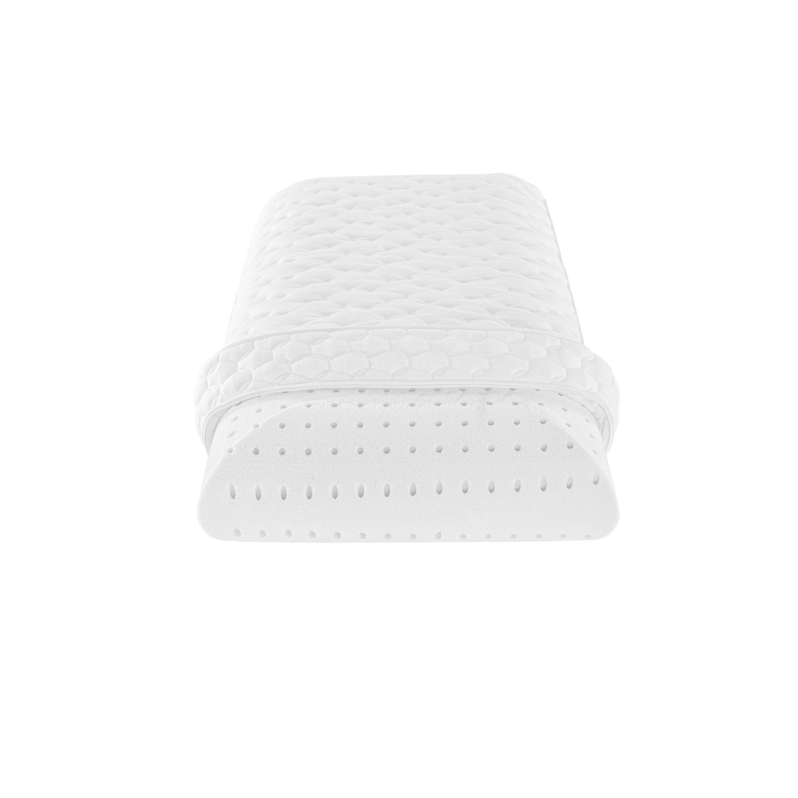 Cross-section of a ventilated memory foam pillow with quilted cover.