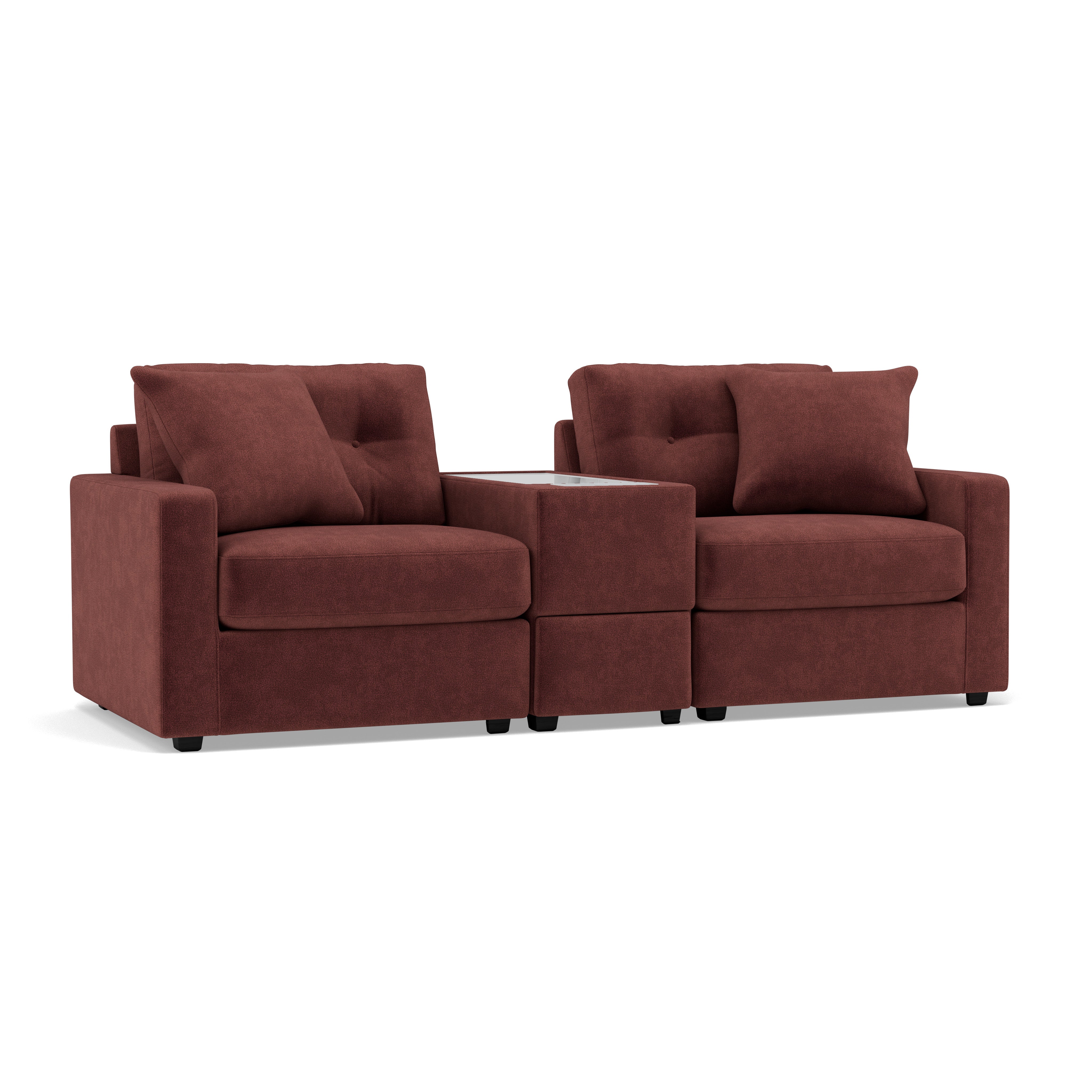 Two-seat burgundy sofa with center console and pillows, designed for comfort and modern style.