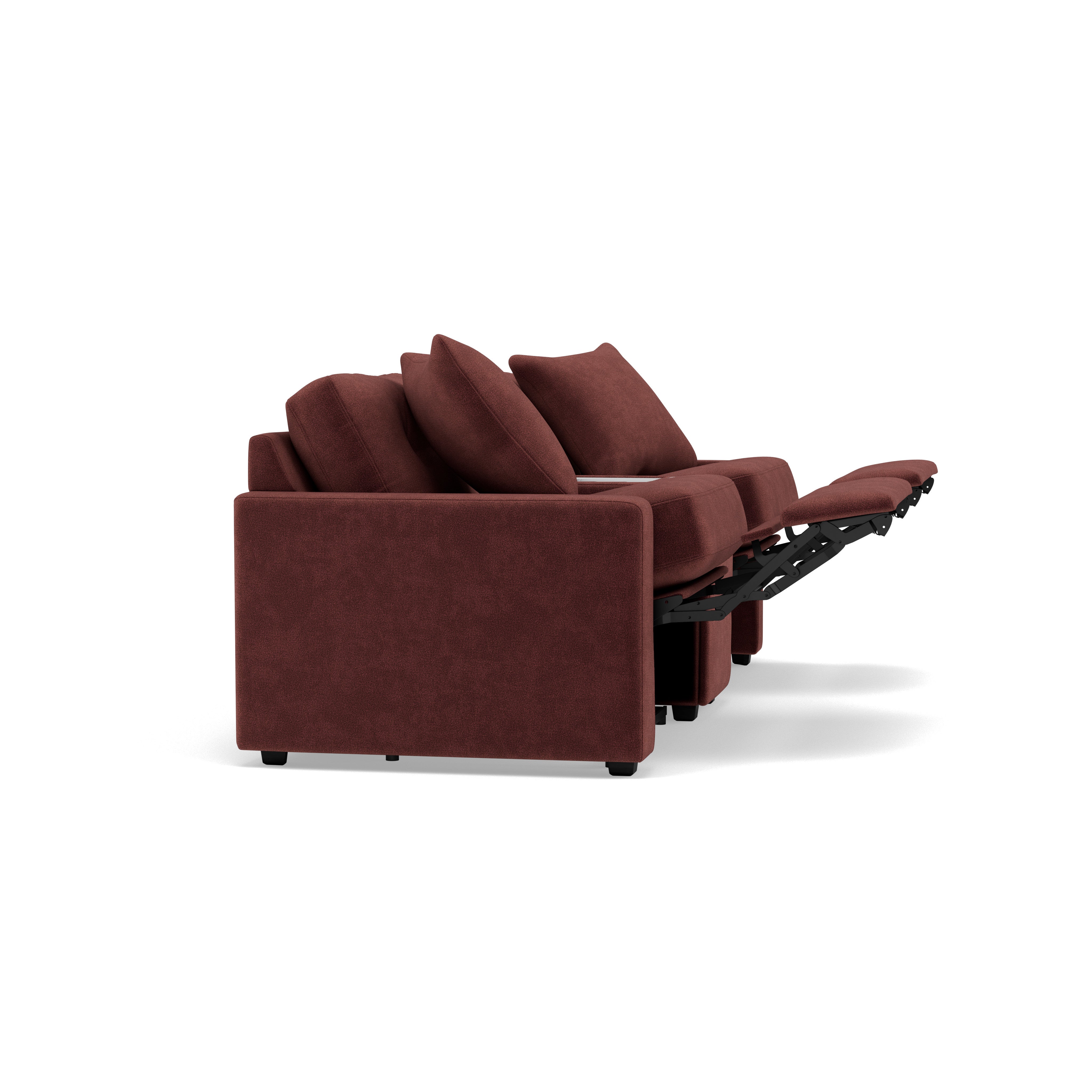 Side view of a brown reclining sofa with extended footrests.