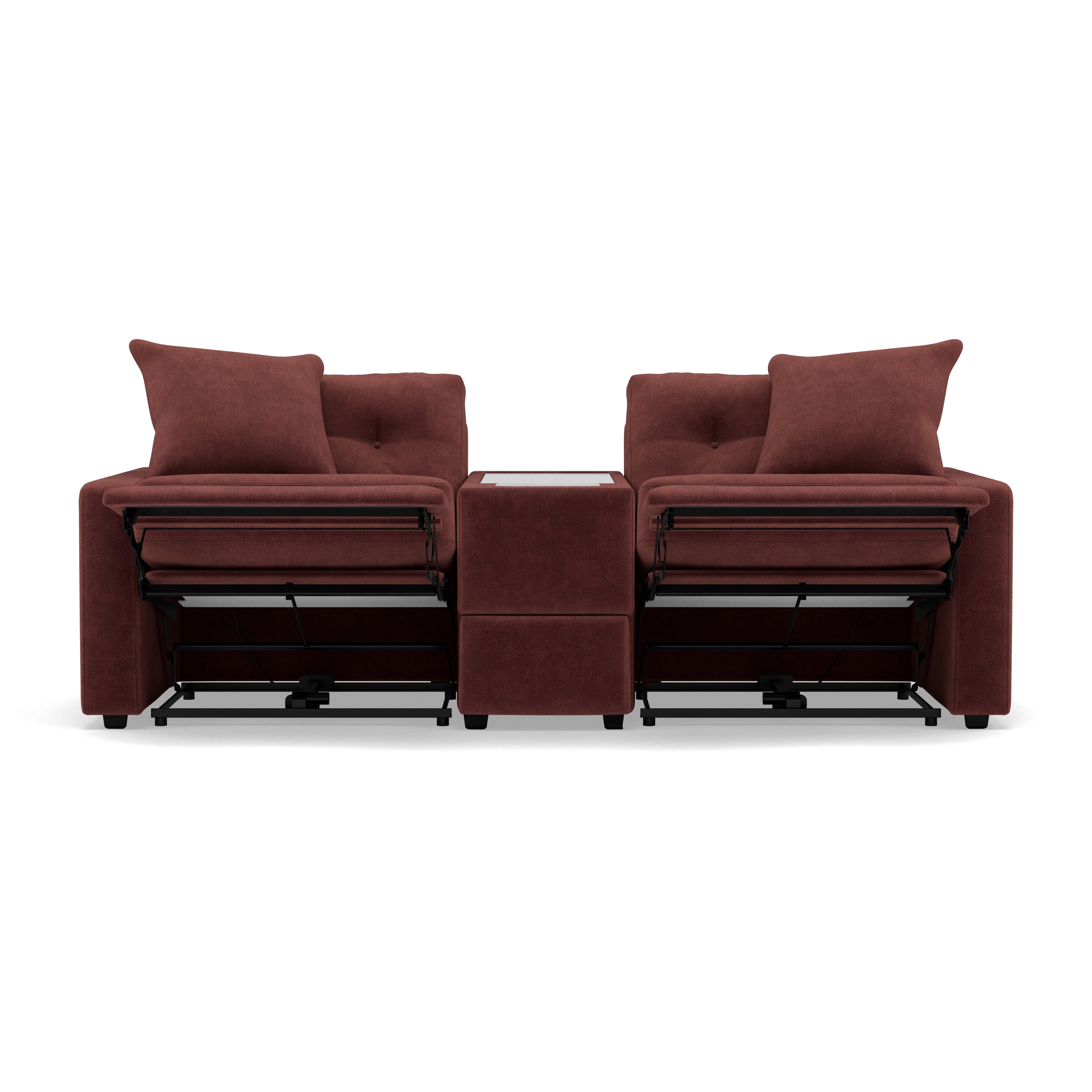 Two-seat brown reclining sofa with center console, shown from the front.