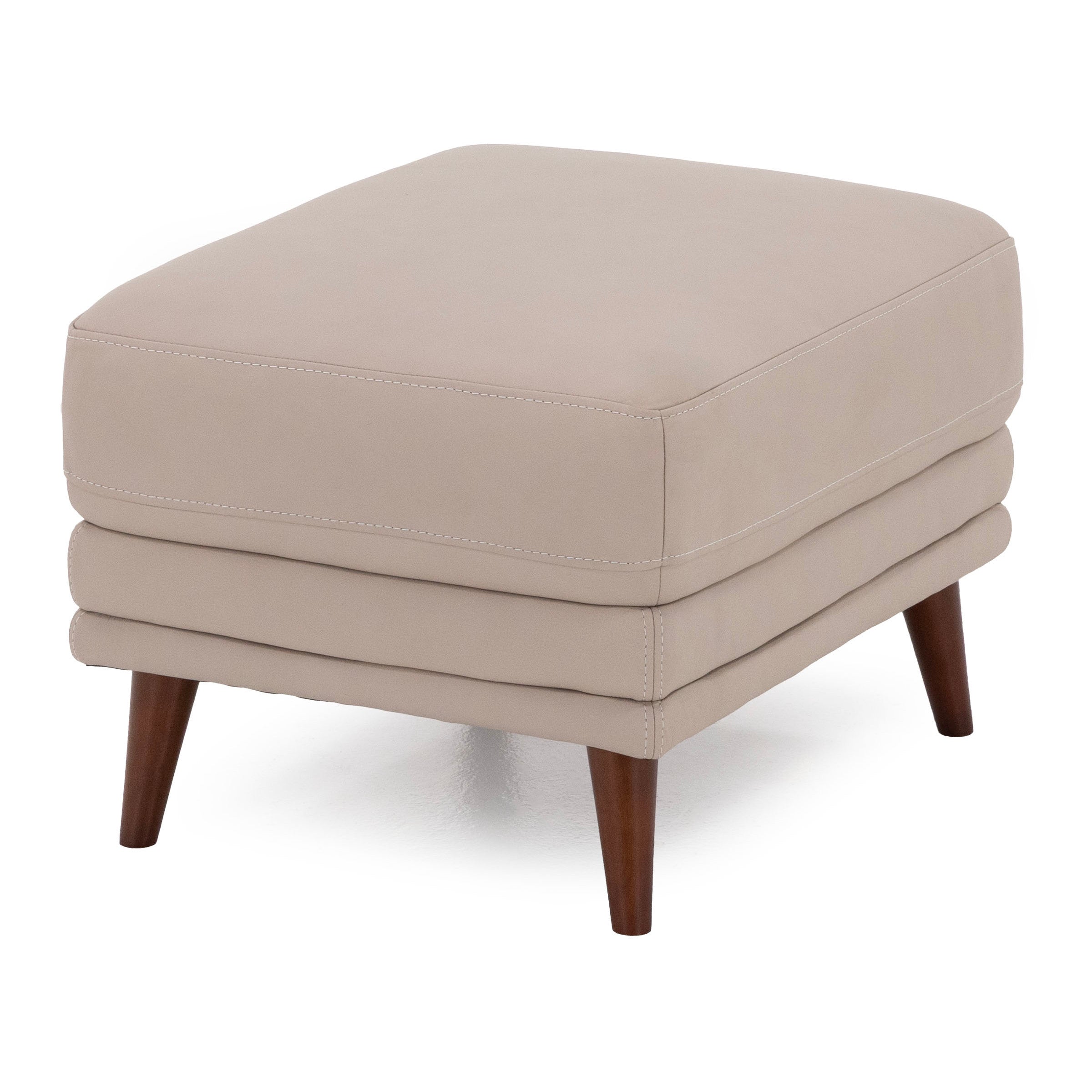 Beige upholstered ottoman with wooden legs.