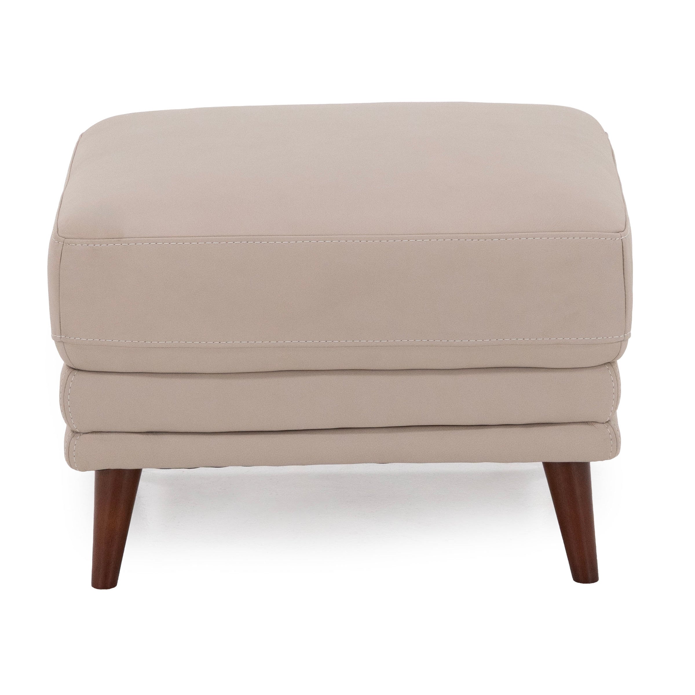 Beige upholstered ottoman with tapered wooden legs, shown from the front.