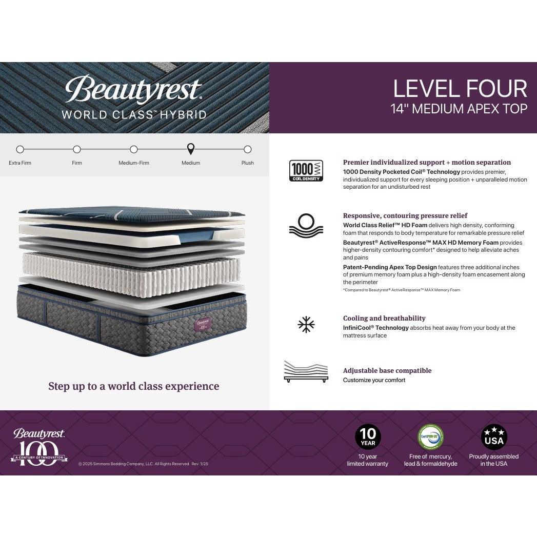 Beautyrest World Class Level 4 Apex Top Hybrid Medium