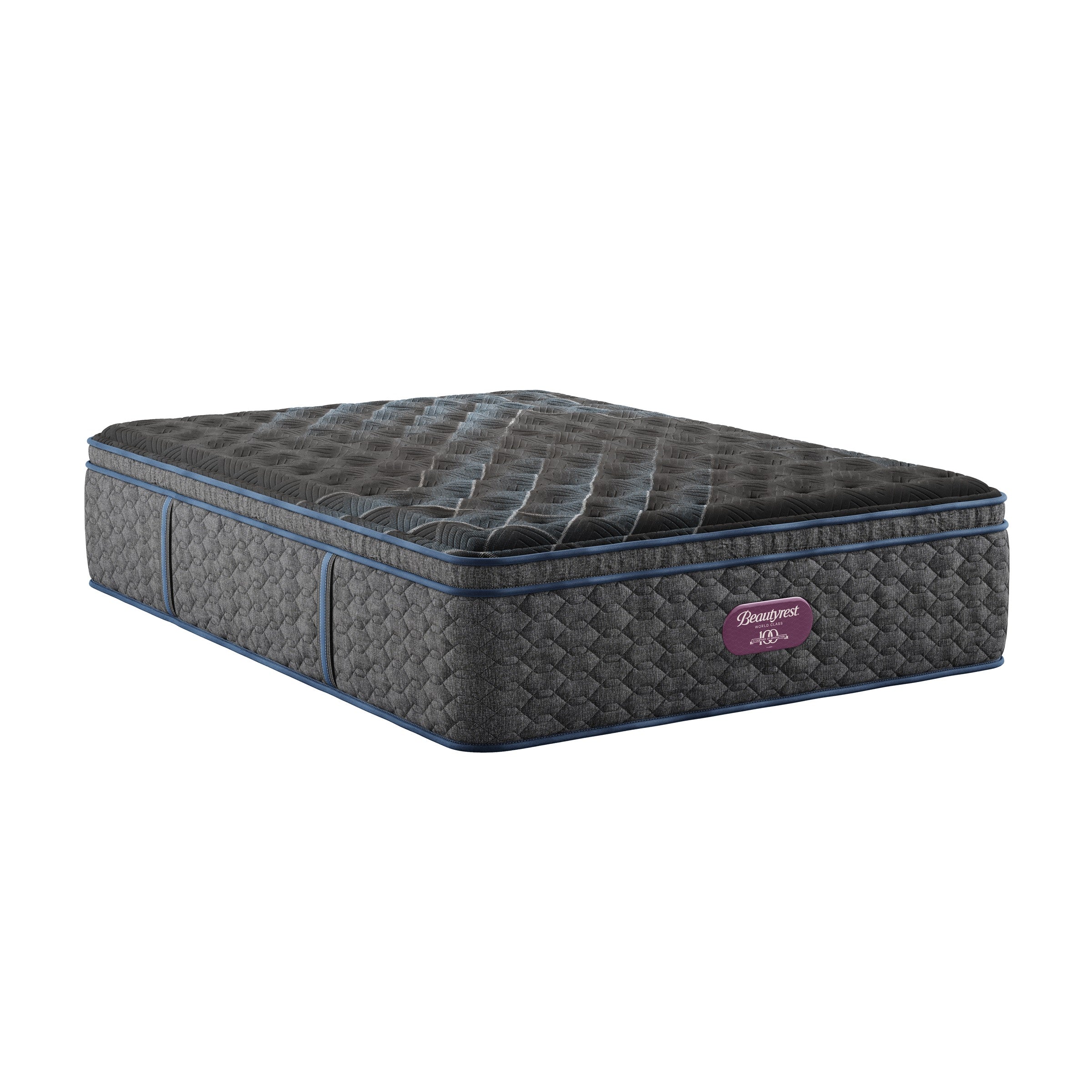 Plush, dark gray mattress with quilted pattern and Beautyrest logo, shown on white background.