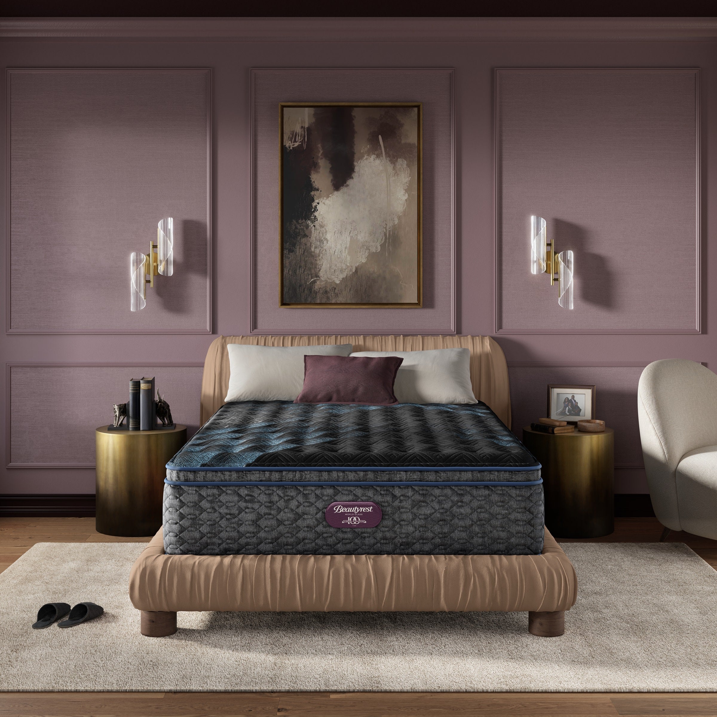 Bedroom with a Beautyrest mattress on a modern bed, decorative wall art, and side tables.