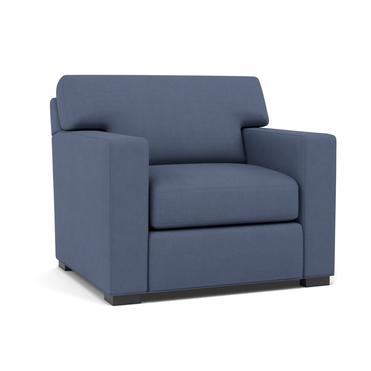 Blue upholstered armchair with square arms and modern design.