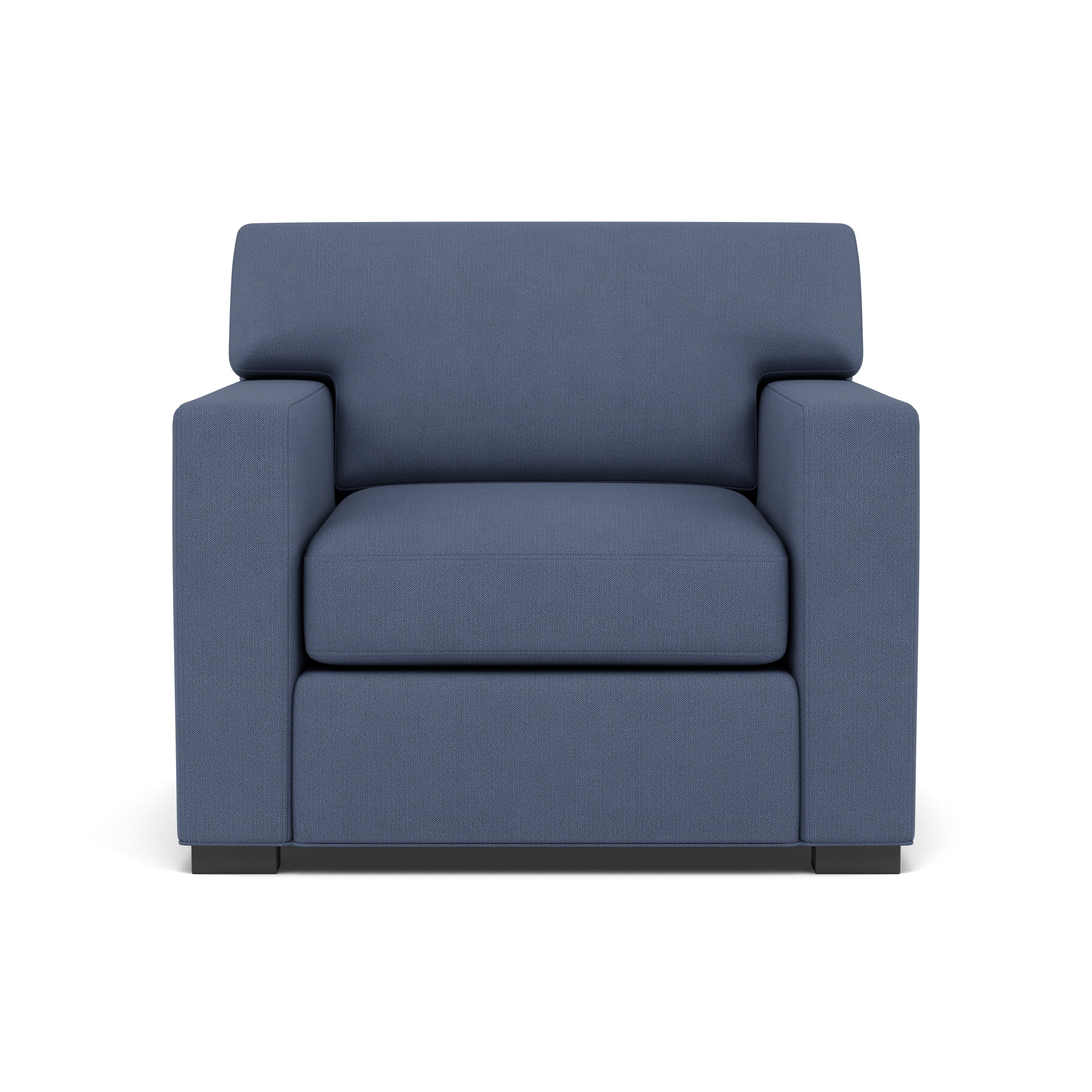 Blue upholstered armchair with wide arms, viewed from the front.