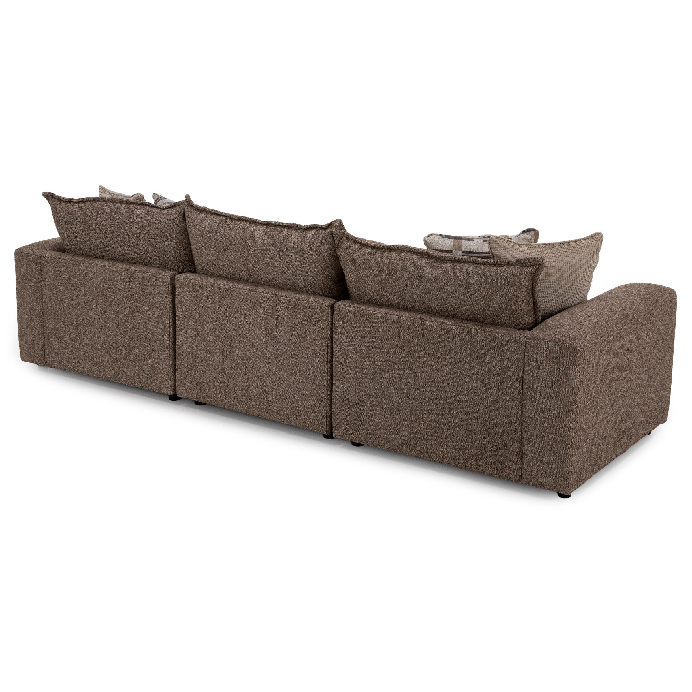 Back view of a brown three-seat sectional sofa with large cushions.