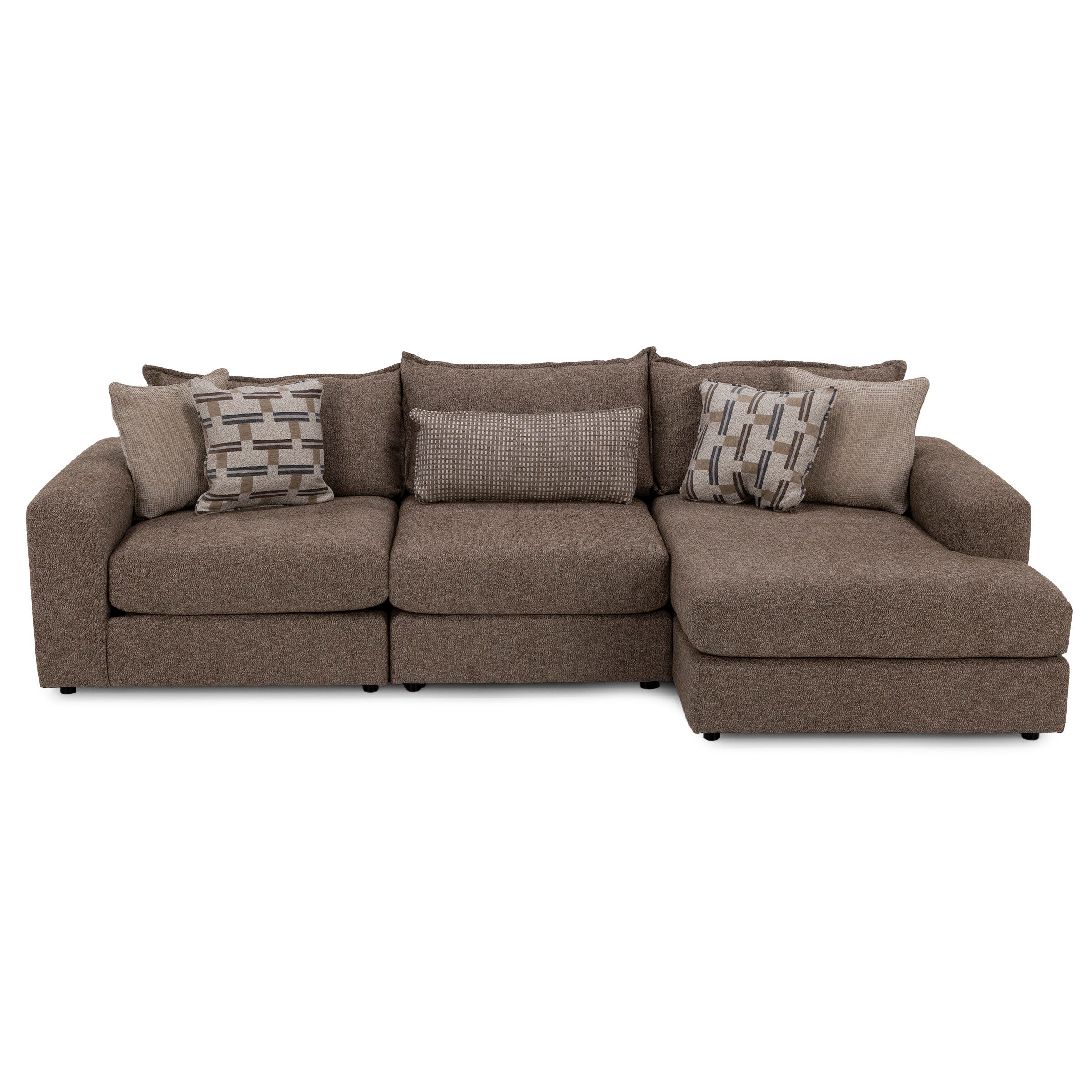 Brown sectional sofa with chaise and five decorative pillows.