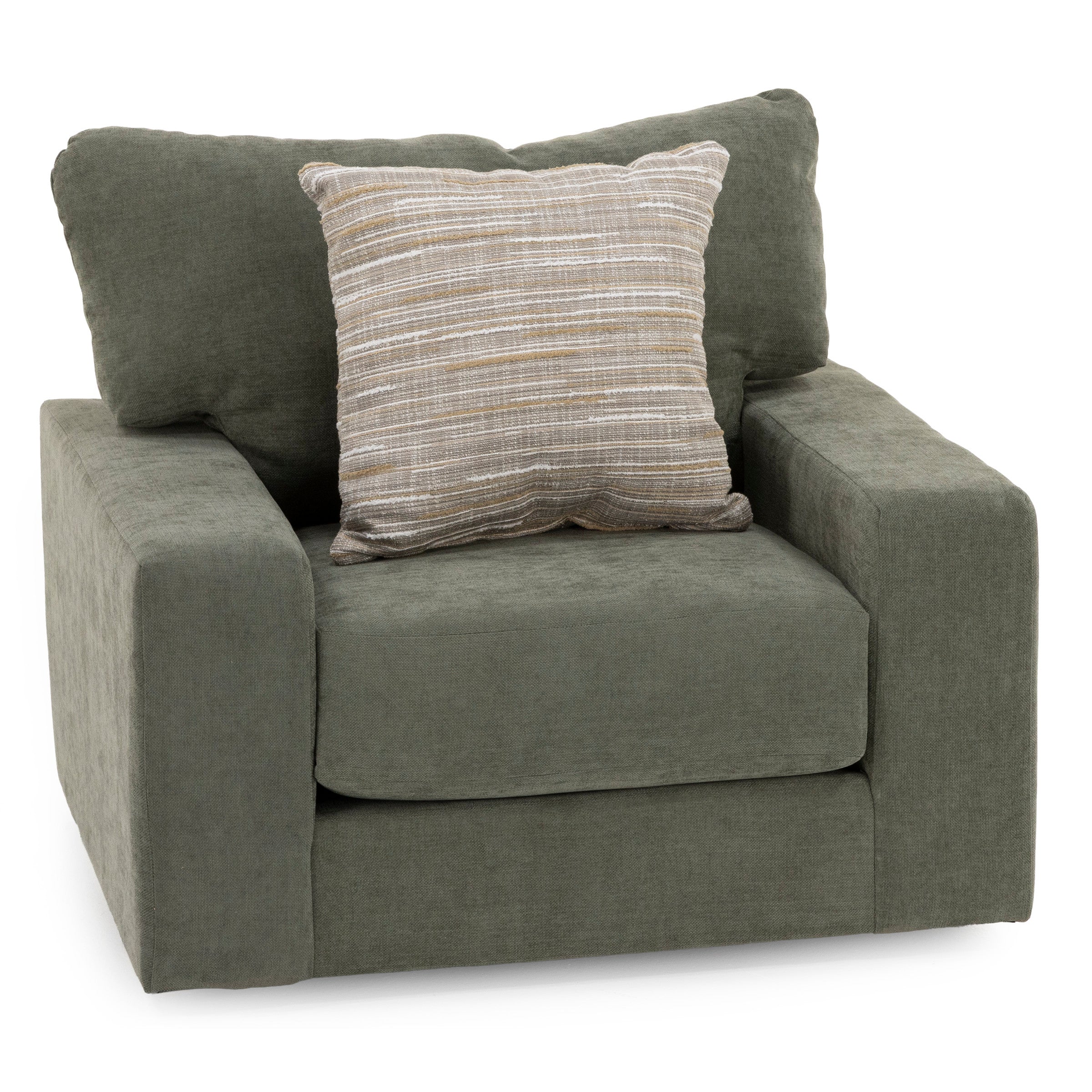Modern green armchair with a striped decorative pillow.