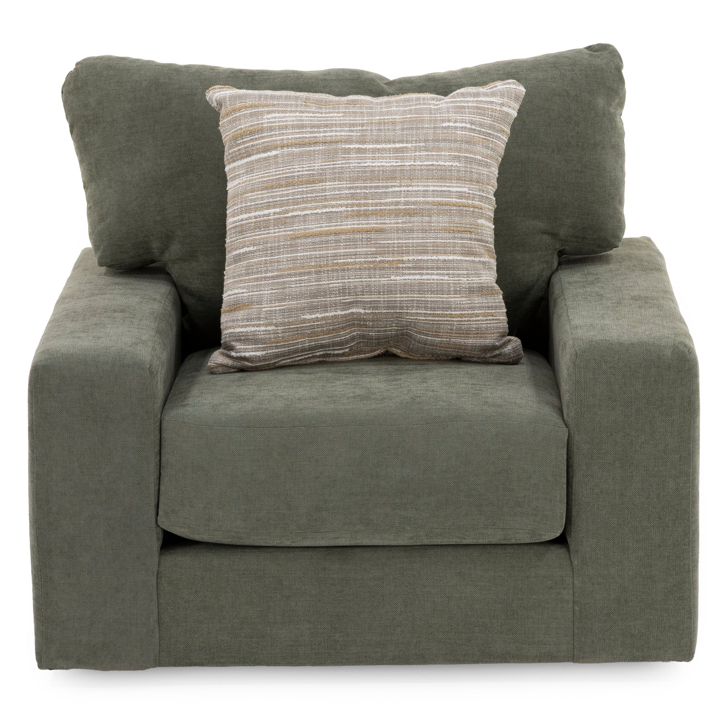 Green armchair with a striped accent pillow.