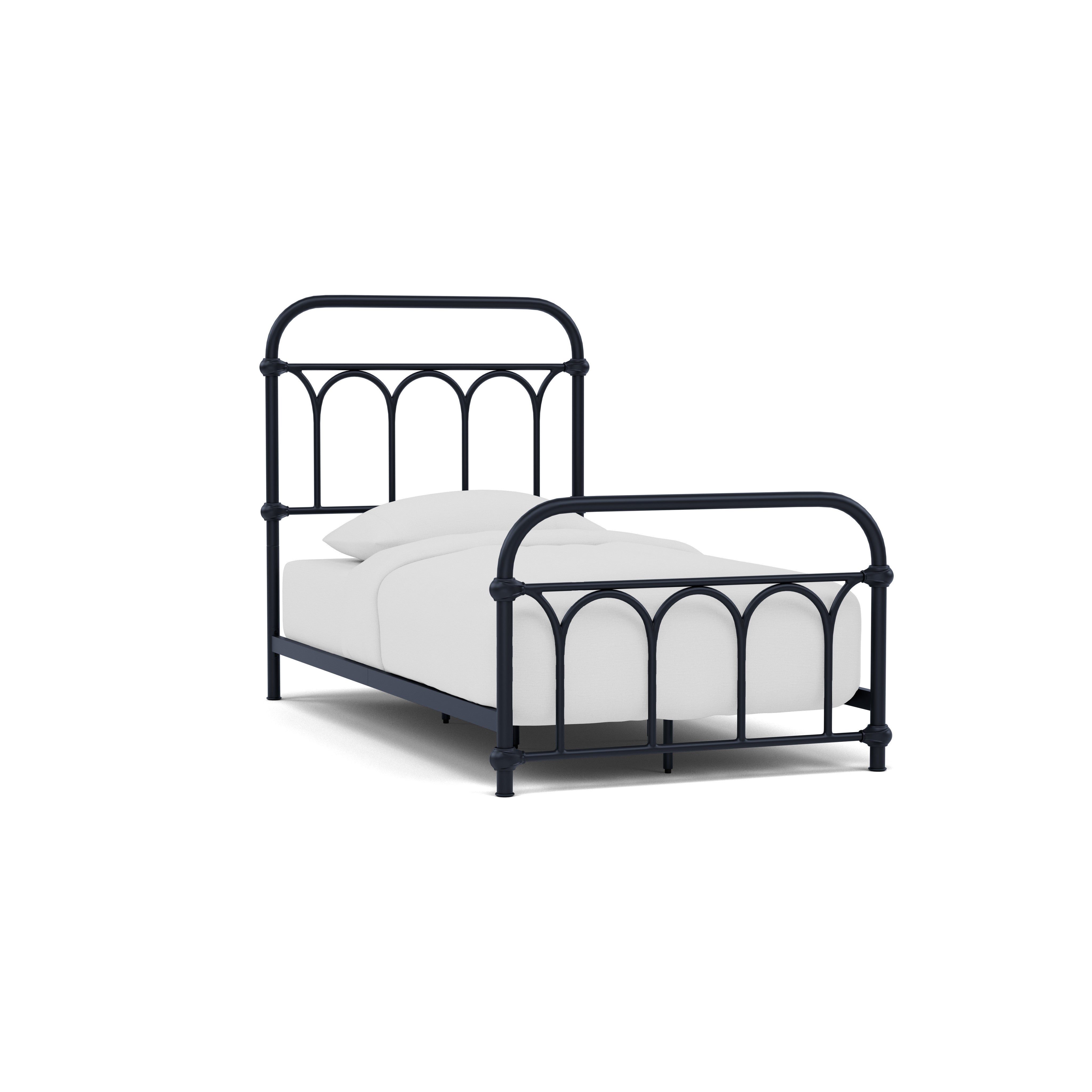 Metal twin bed frame with arched headboard and footboard, shown with white bedding.