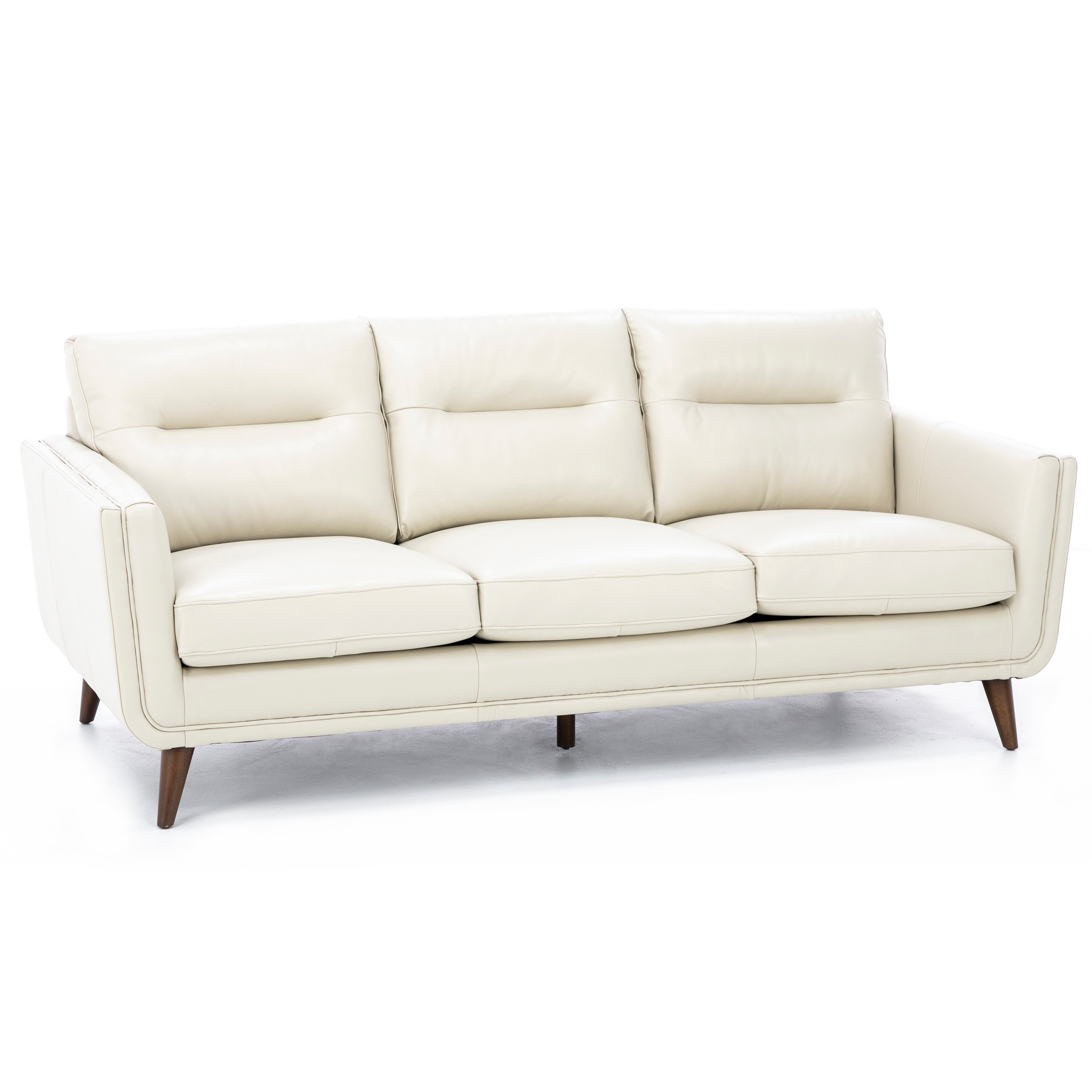 Modern cream leather sofa with wooden legs, three seats, and a clean, minimalist design.