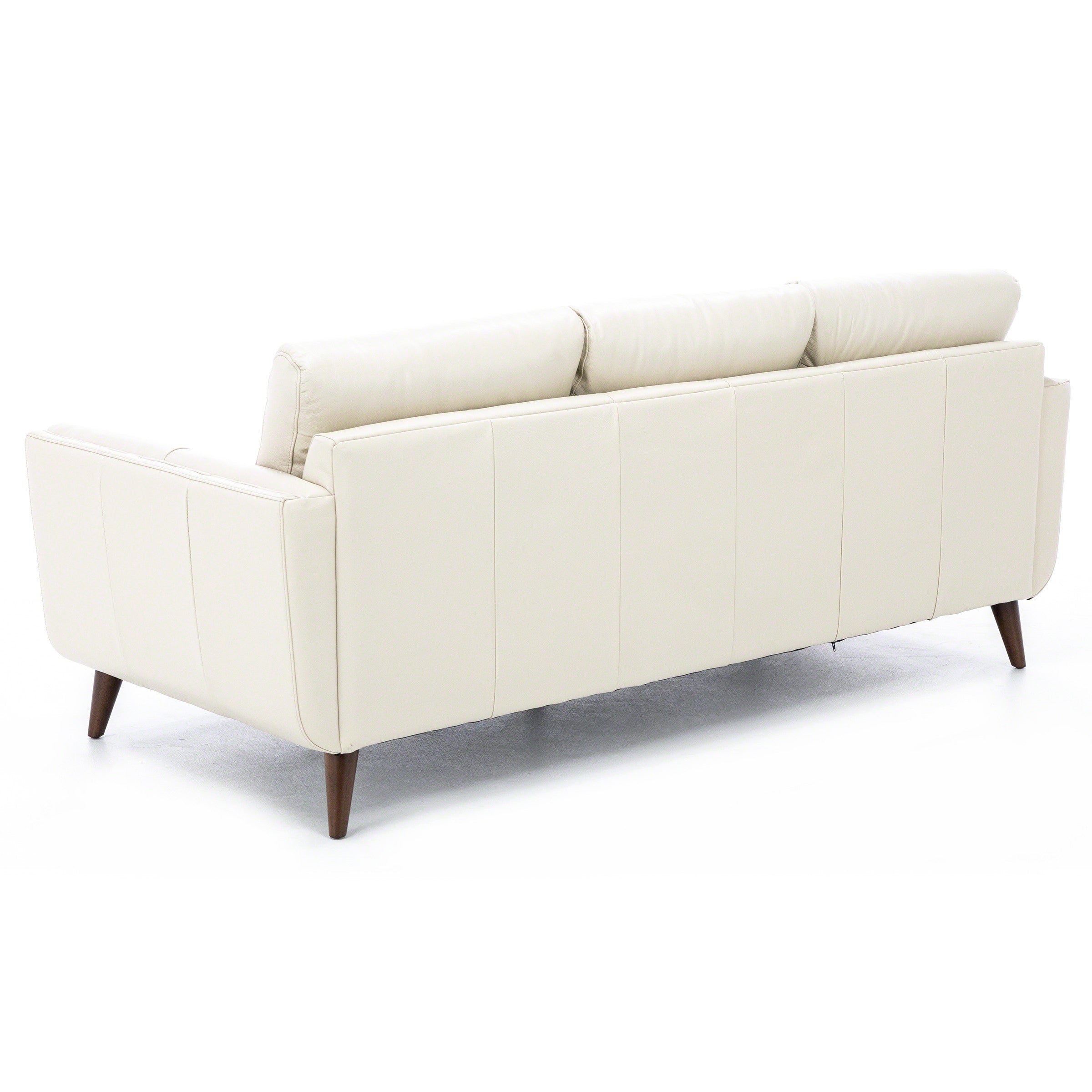 Back view of a modern cream-colored sofa with wooden legs.