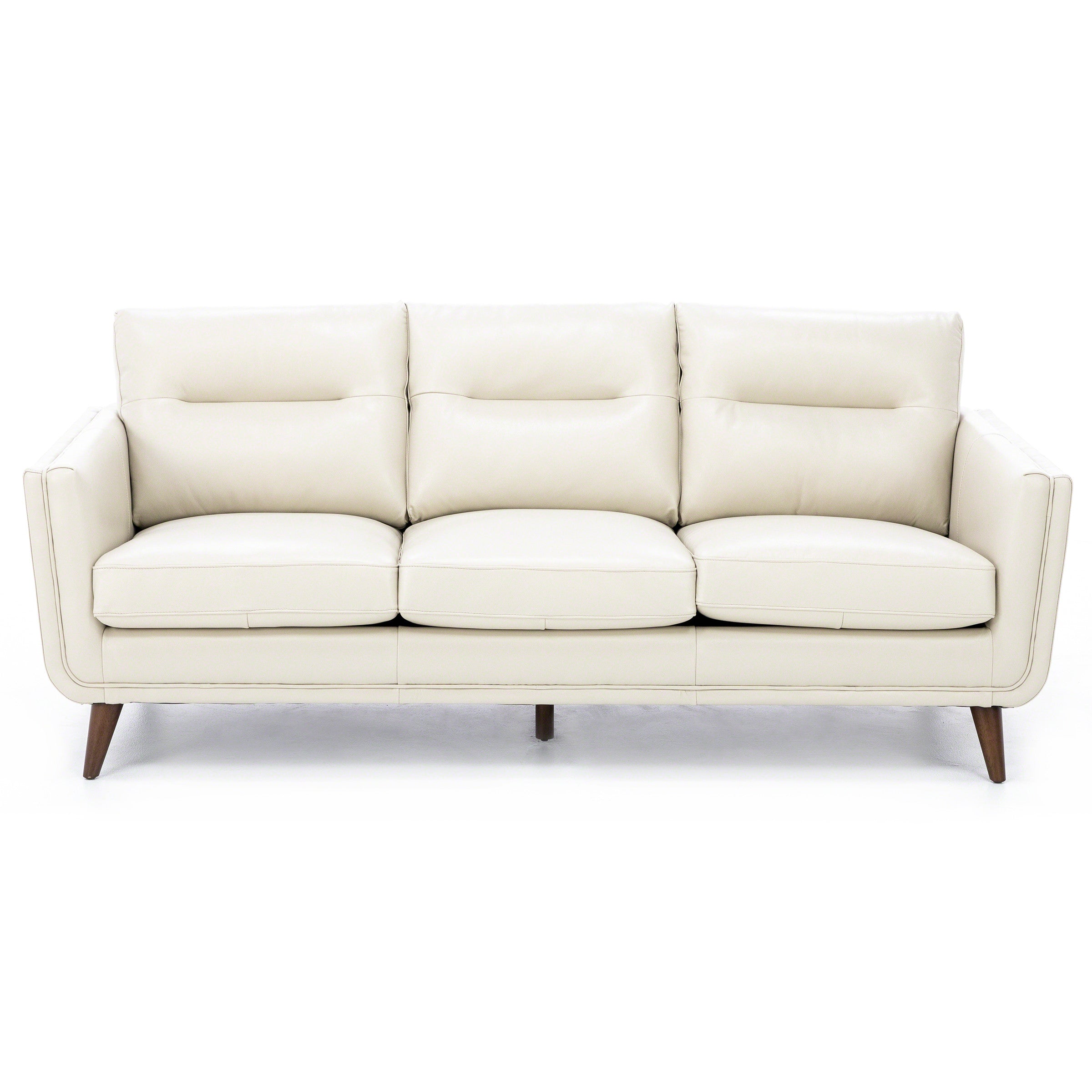 Modern cream leather sofa with three seats and angled wooden legs.