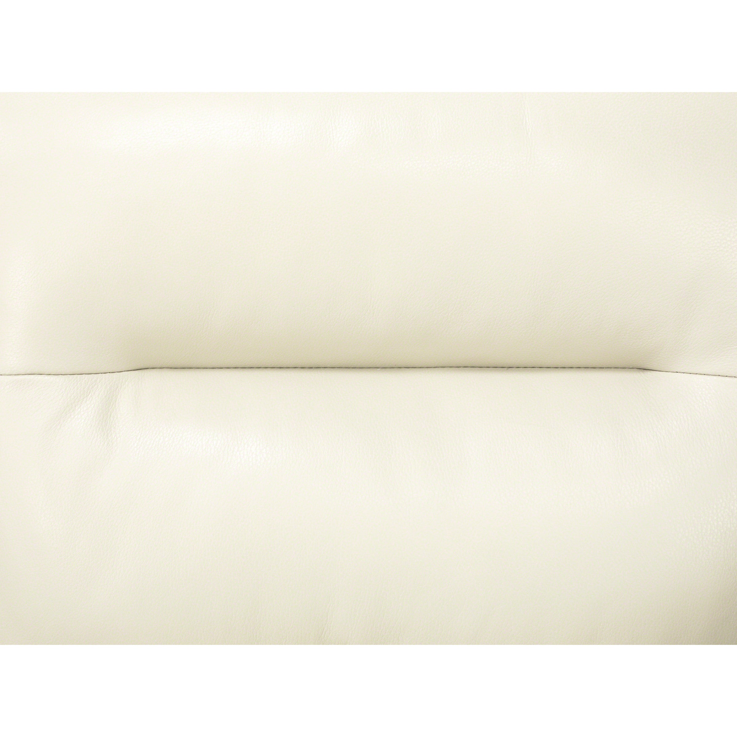 Close-up of cream leather upholstery, highlighting texture and stitching.