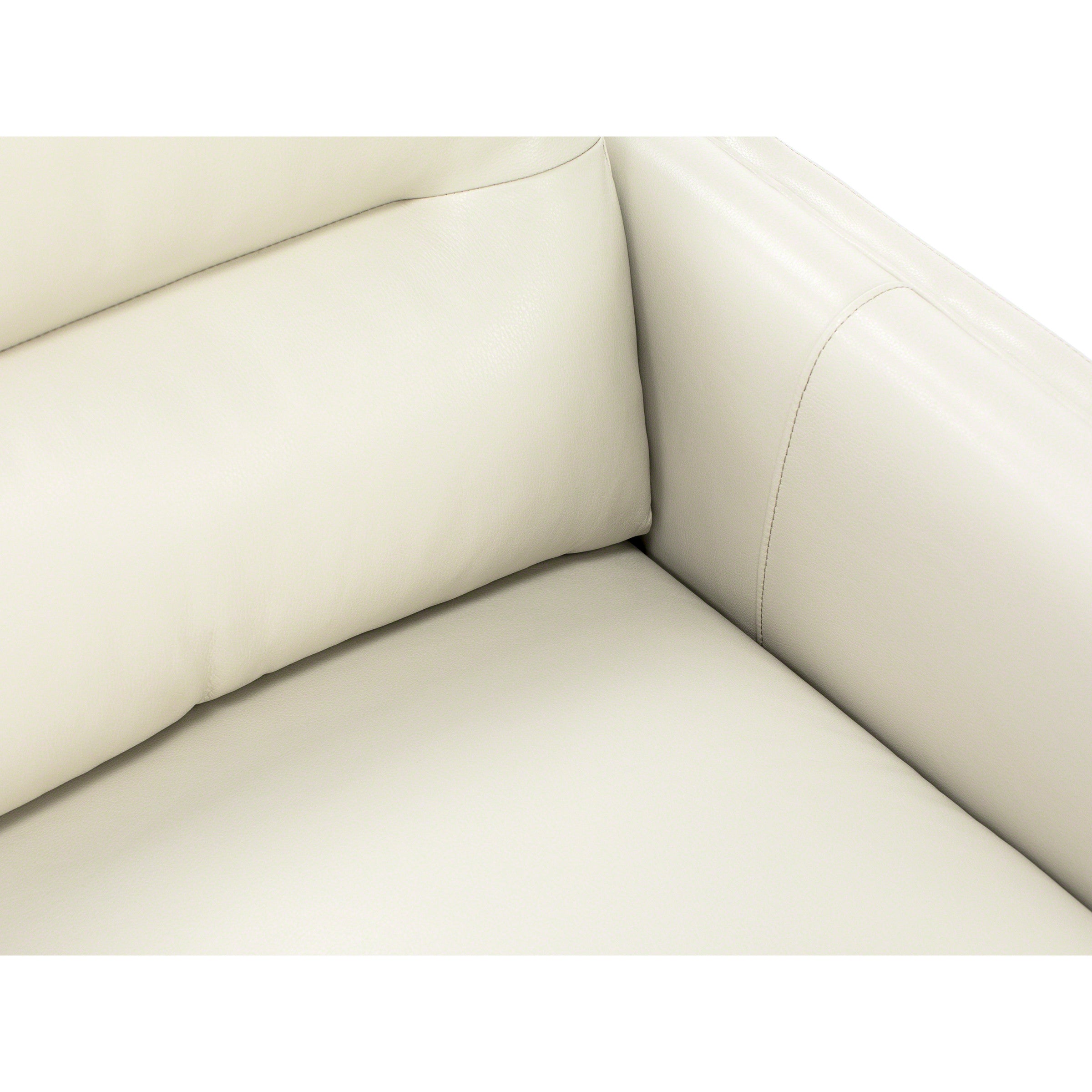 Close-up of cream leather sofa corner, showing stitching and cushion detail.