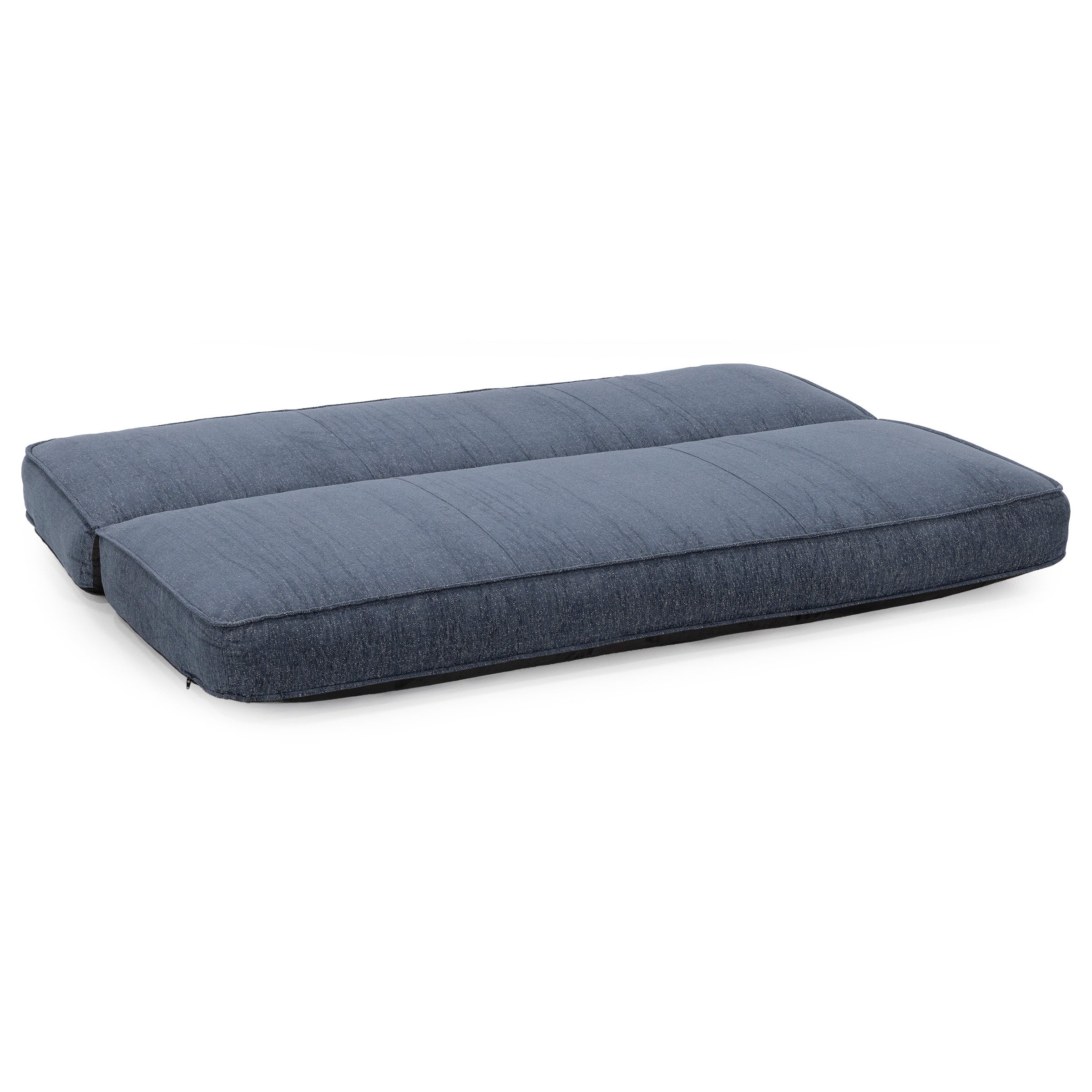 Blue rectangular cushion with a denim-like fabric, shown flat on a white background.