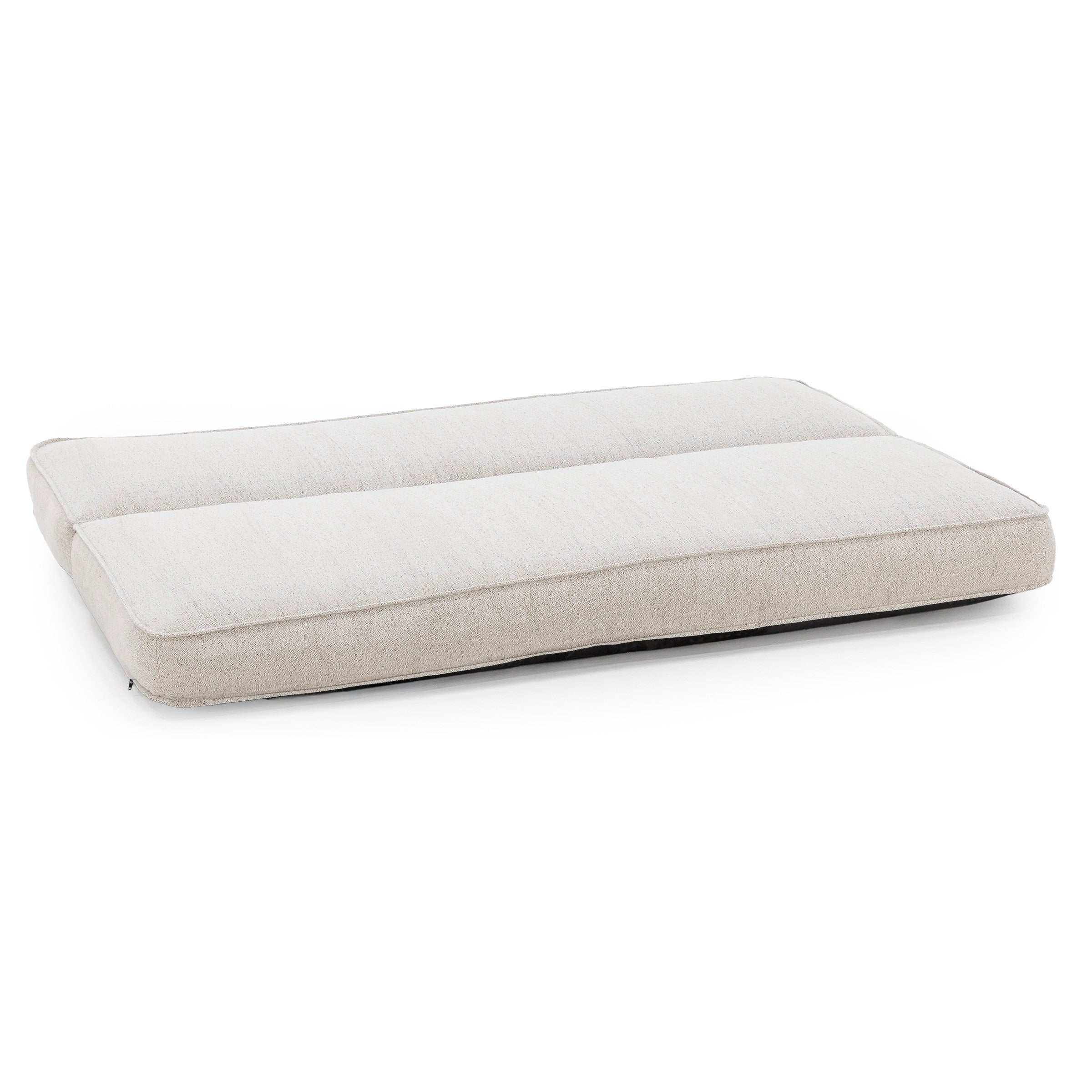 Beige rectangular pet bed with soft fabric top.