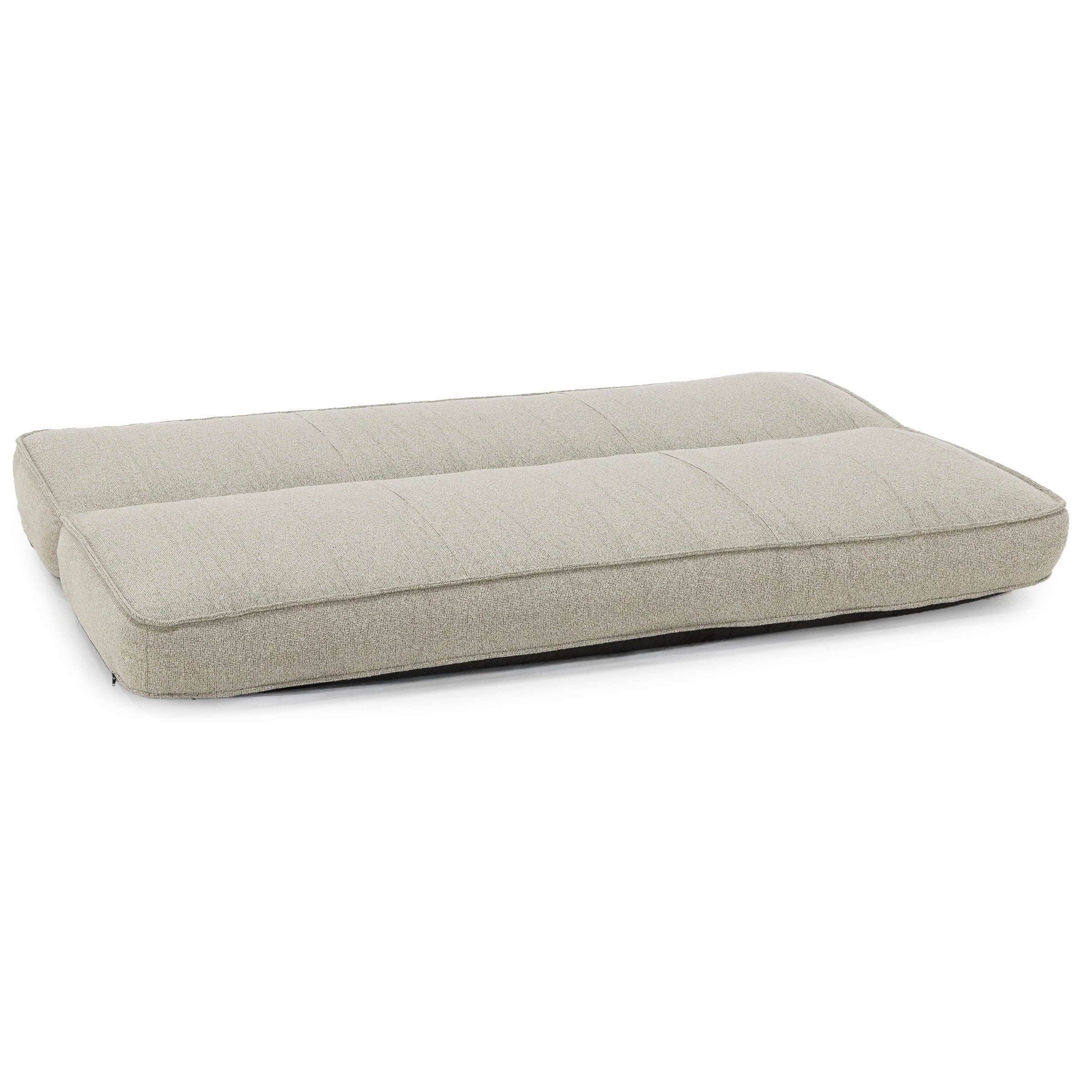 Rectangular beige cushion with a textured fabric cover.