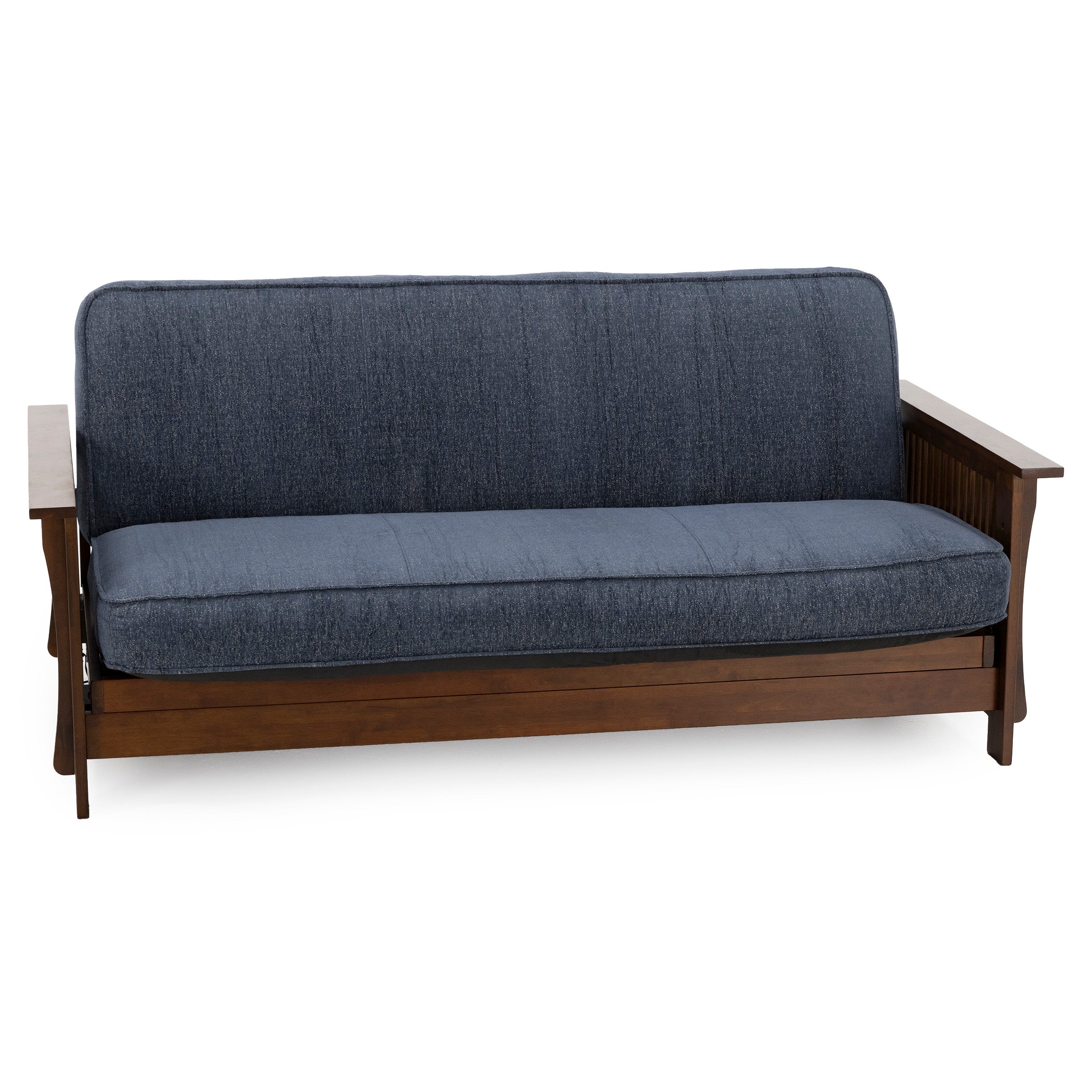 Wood futon sofa with blue cushion and slatted arms