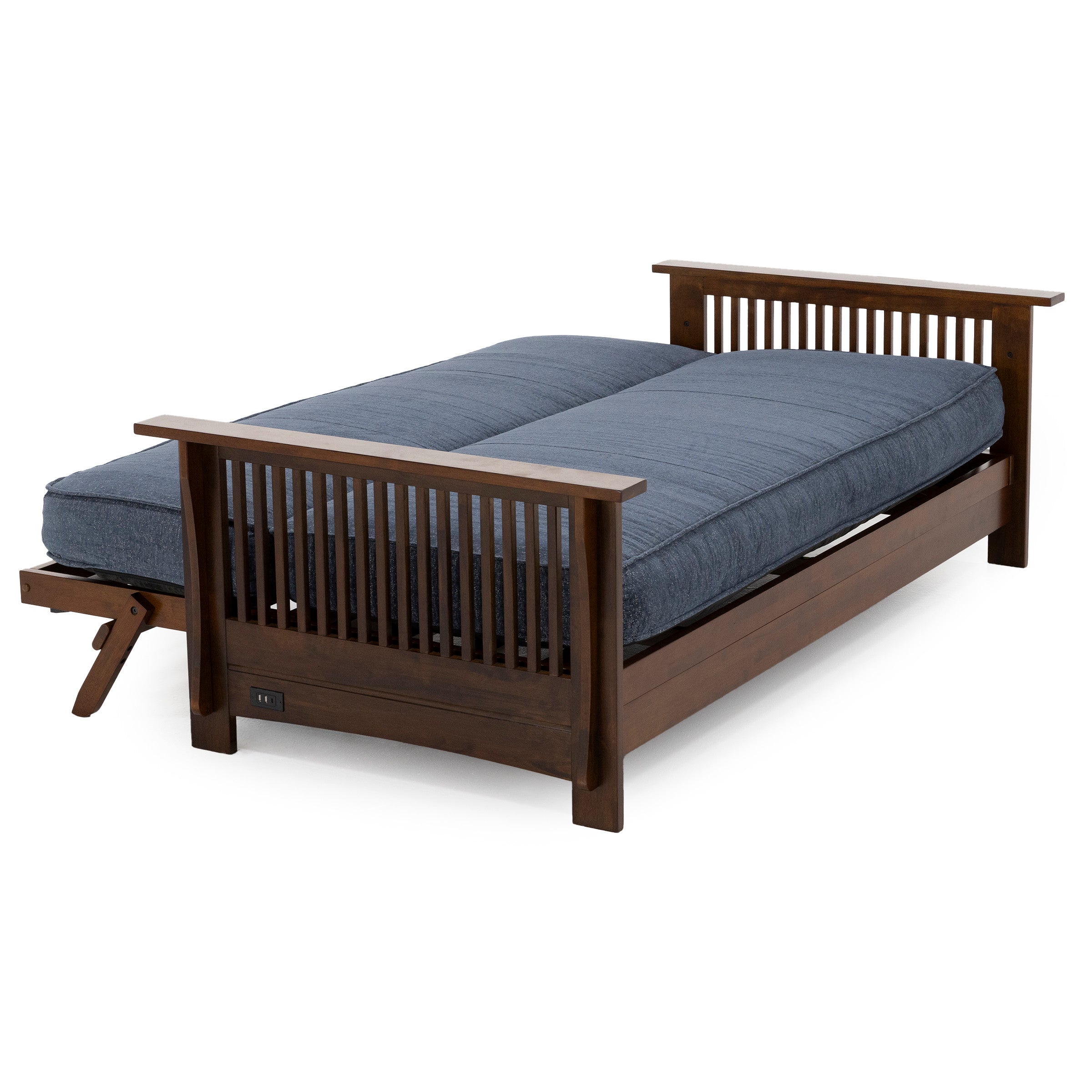 Wooden futon in bed position with blue mattress.
