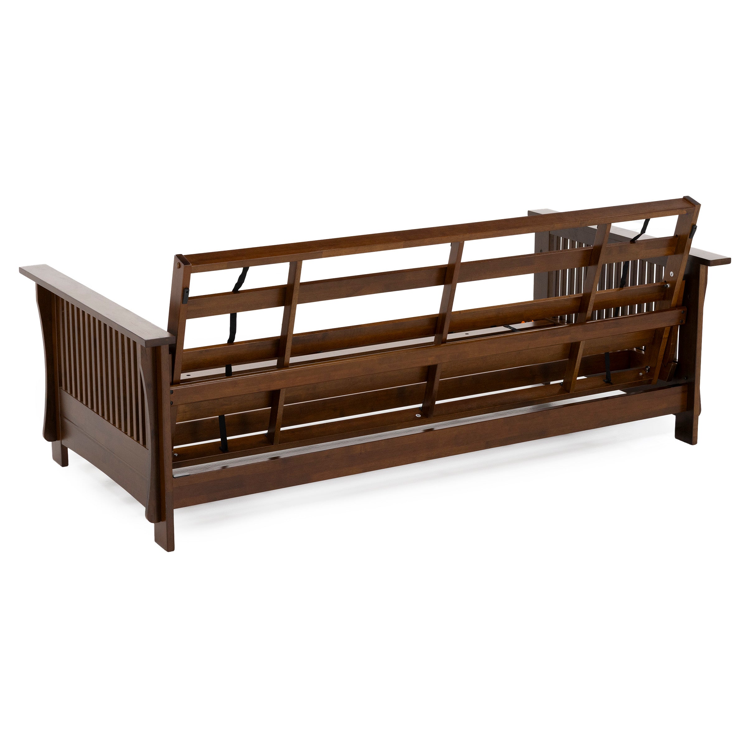 Back view of a wooden futon frame with slatted design and armrests.