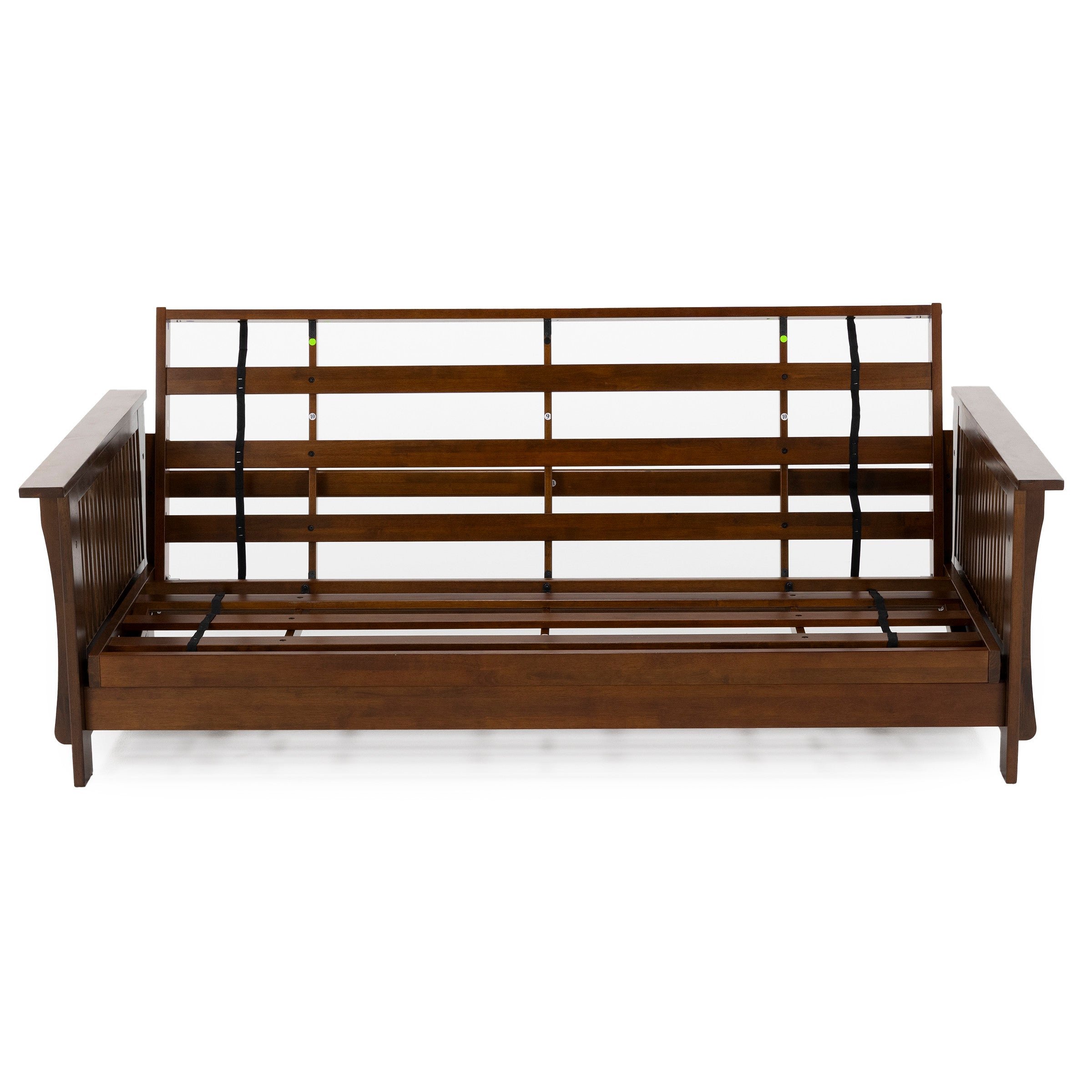 Wooden futon frame with arms and slatted back, shown without mattress.