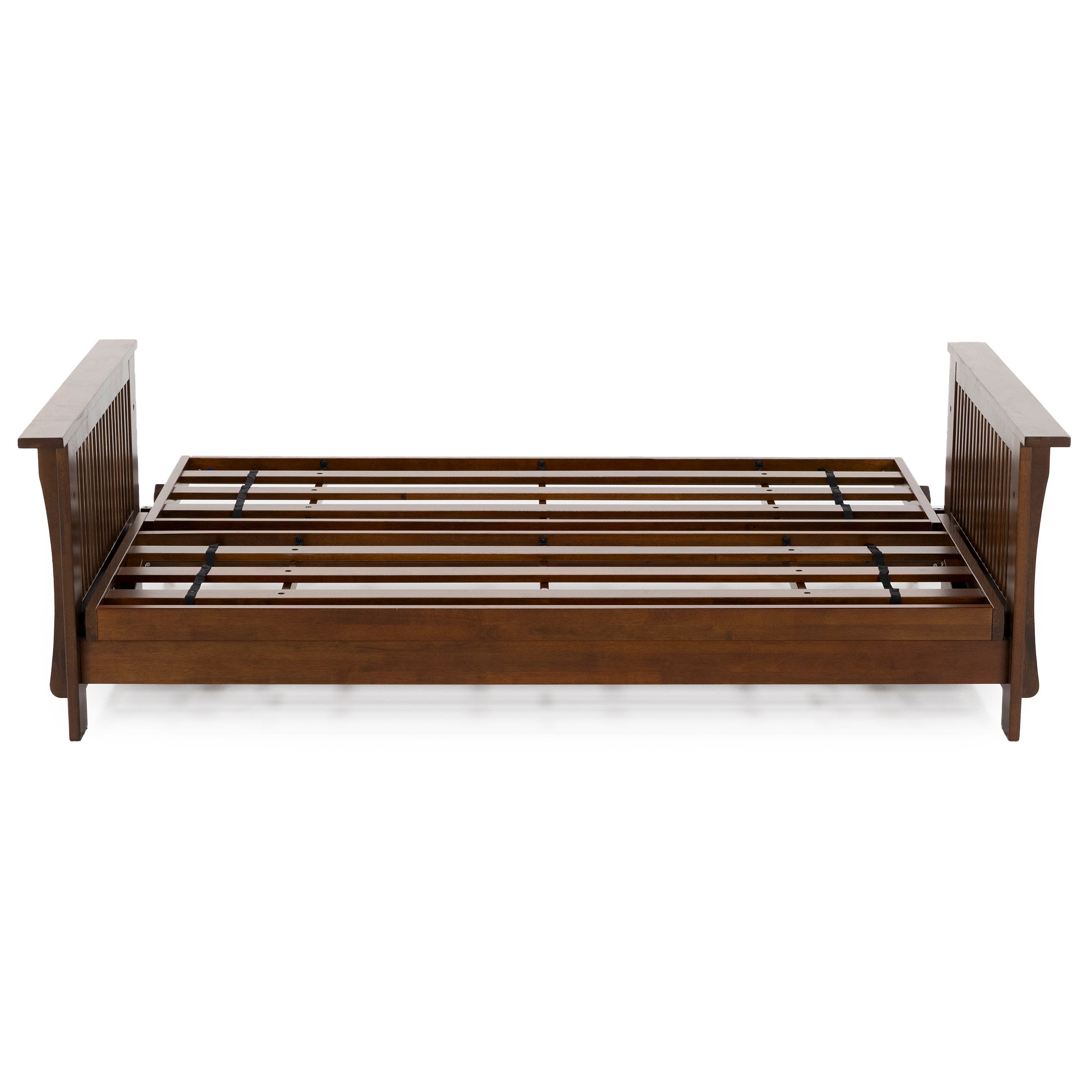 Wooden daybed frame with slatted base and side panels, shown without mattress.