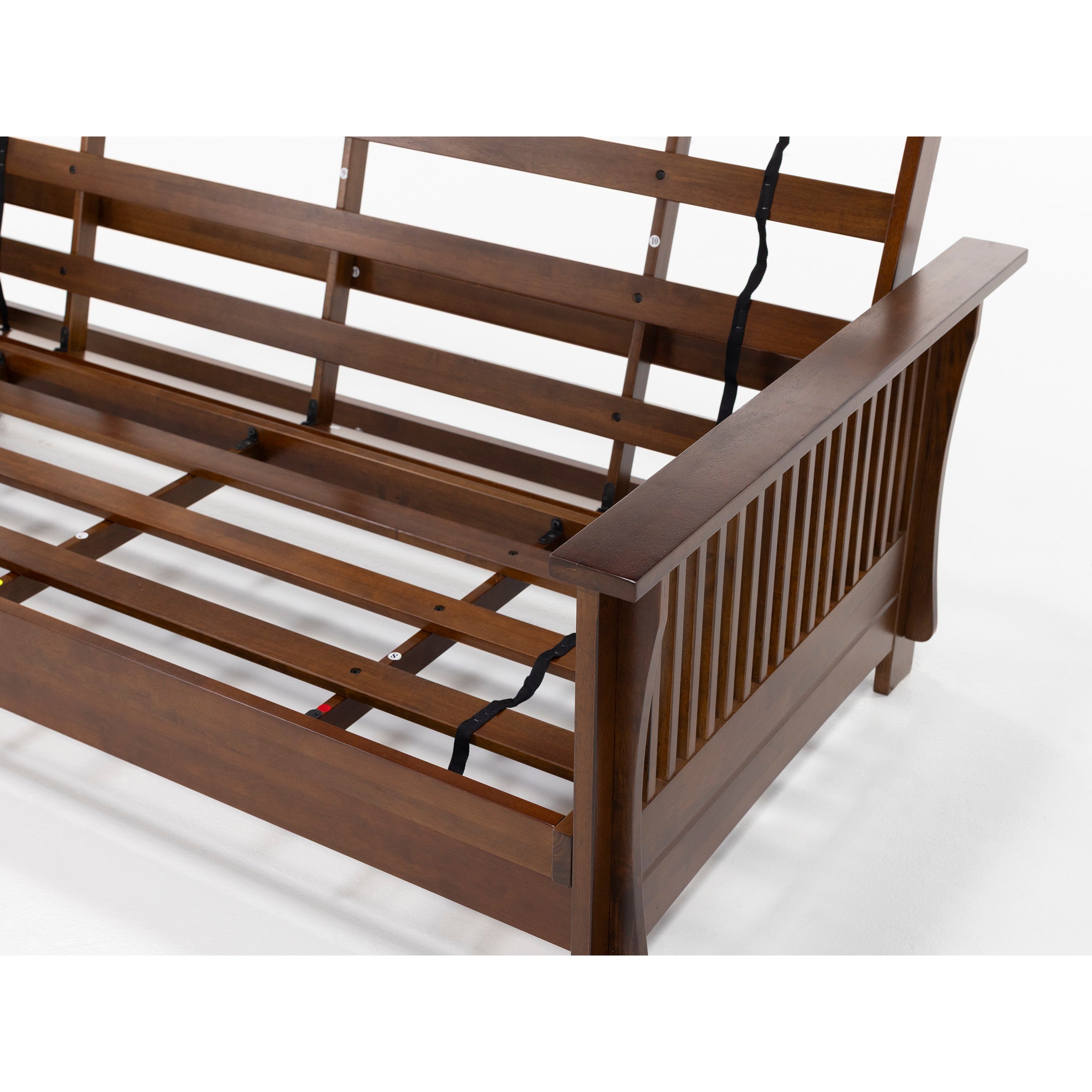 Wooden sofa frame with slatted back and seat, shown without cushions.