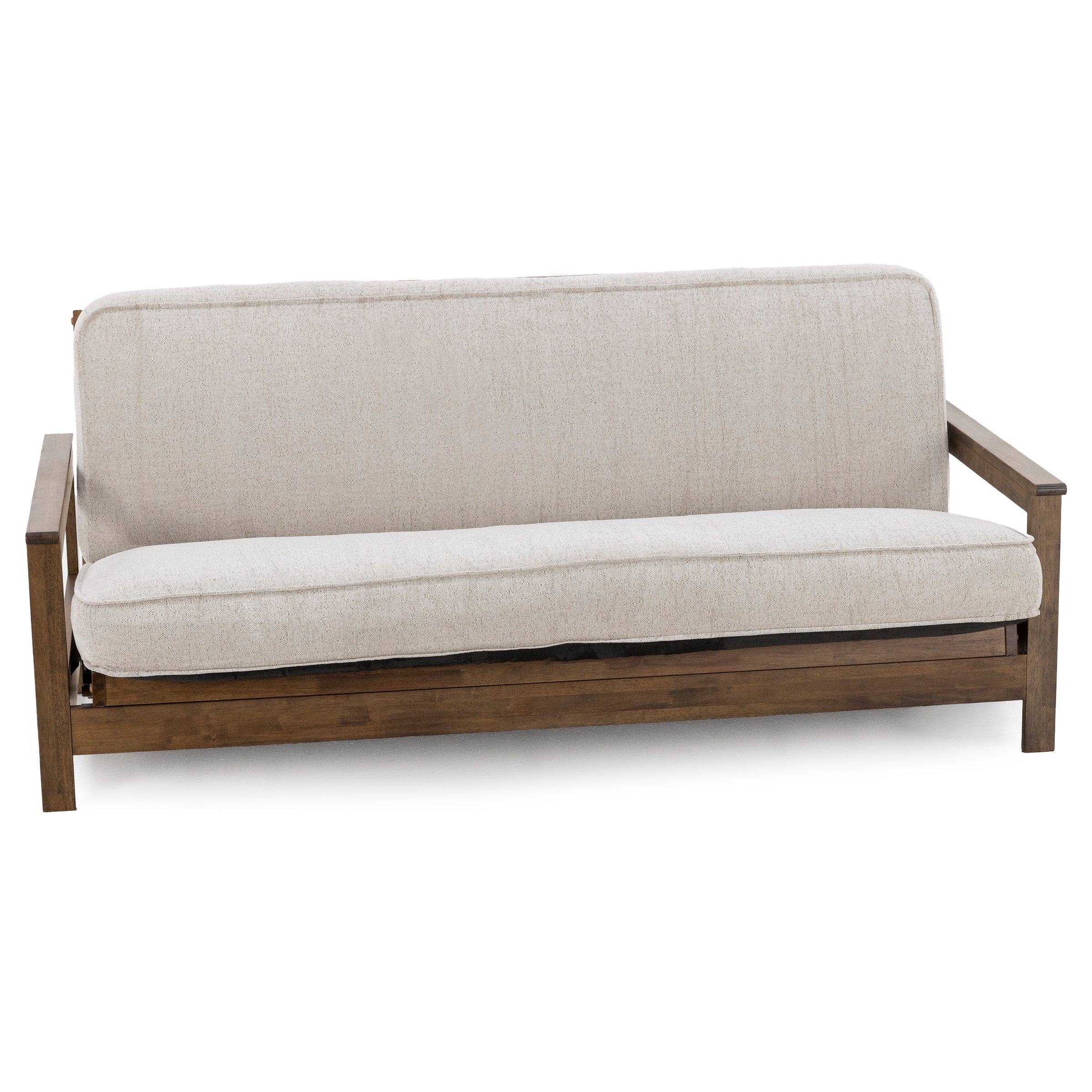 Beige cushioned sofa with a wooden frame, viewed from the front.