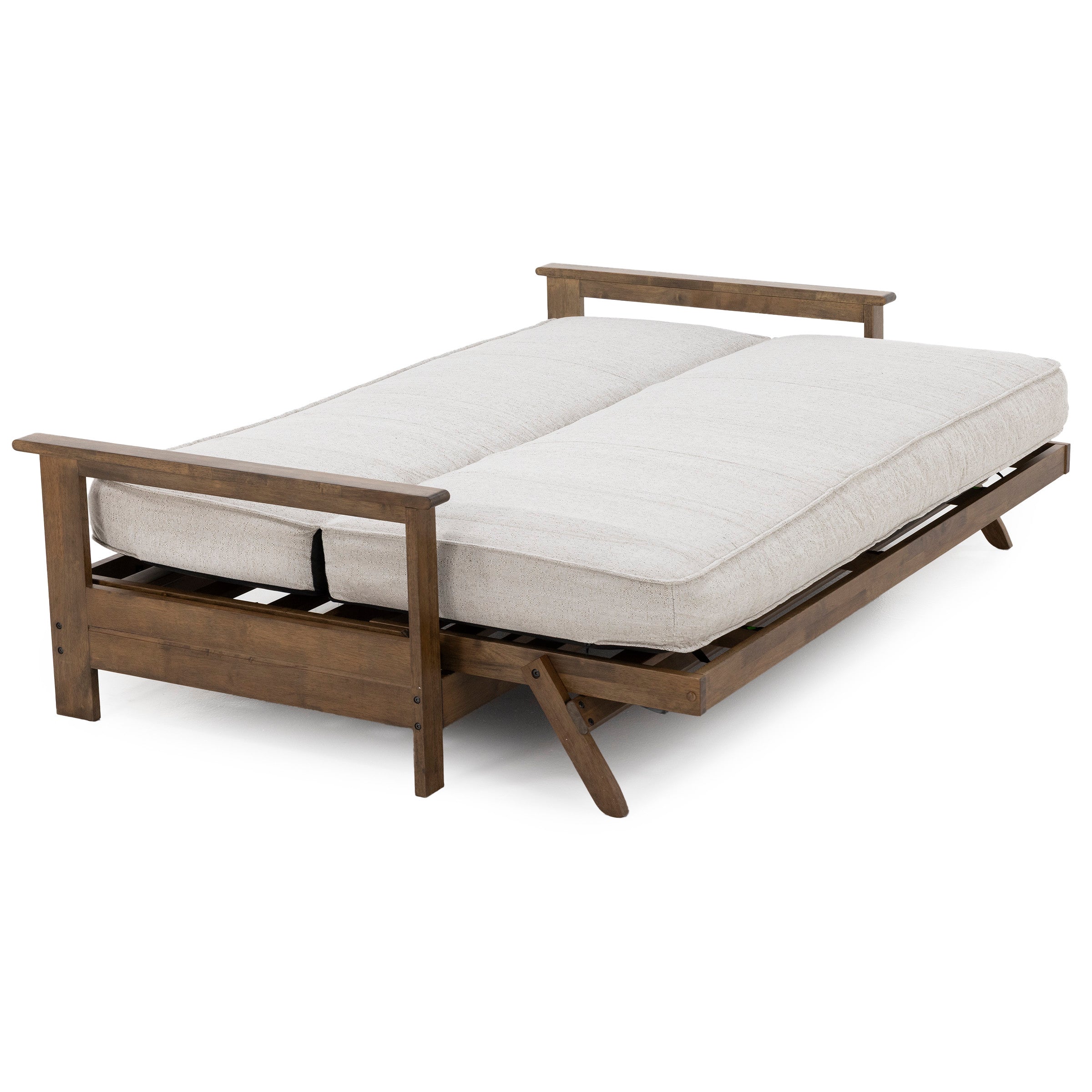 Wood frame futon in bed position with light beige cushion.